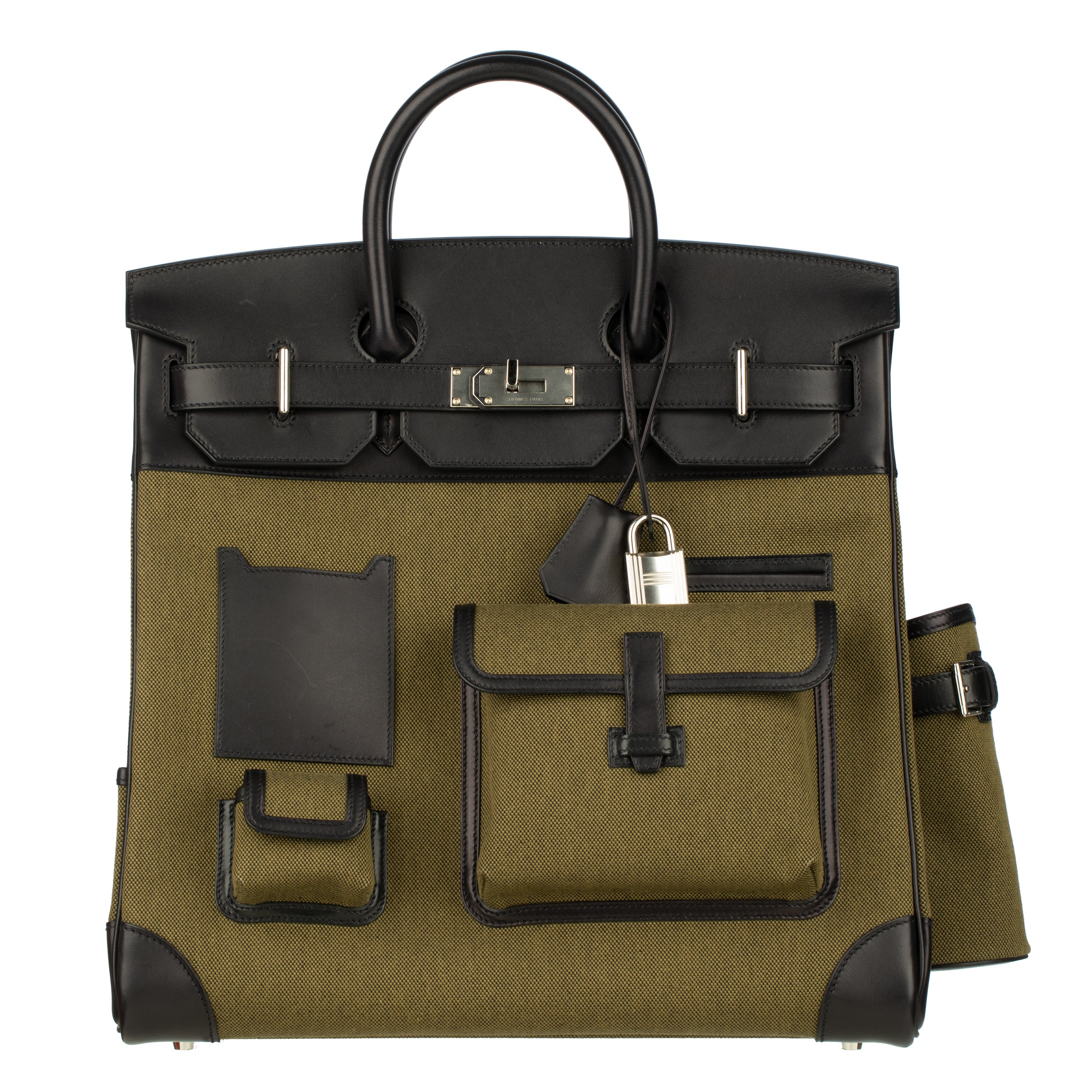 Hermès Haut A Courroies HAC 40cm Cargo Toile Black & Vert Militaire Evercalf Leather Palladium Hardware