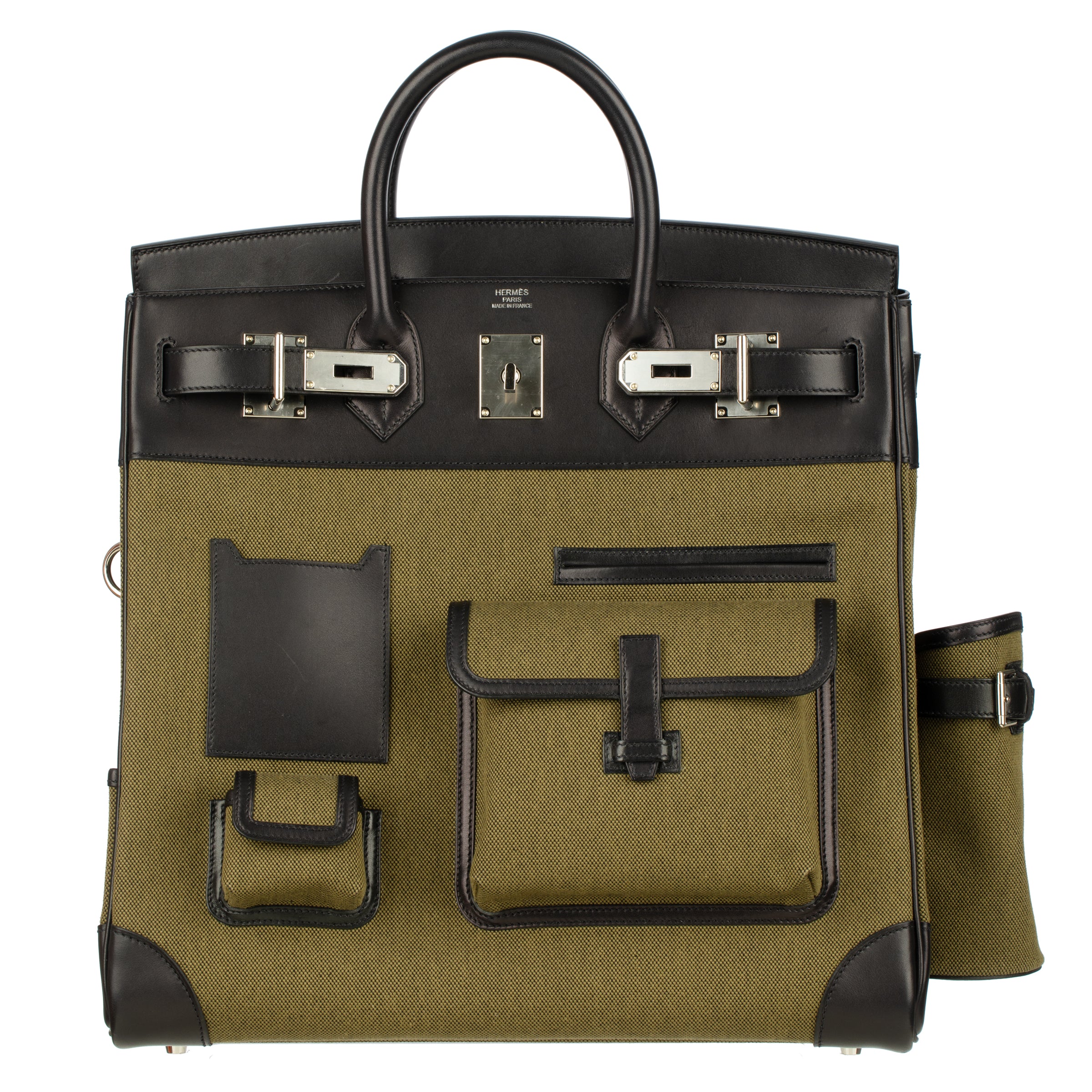 Hermès Haut A Courroies HAC 40cm Cargo Toile Black & Vert Militaire Evercalf Leather Palladium Hardware