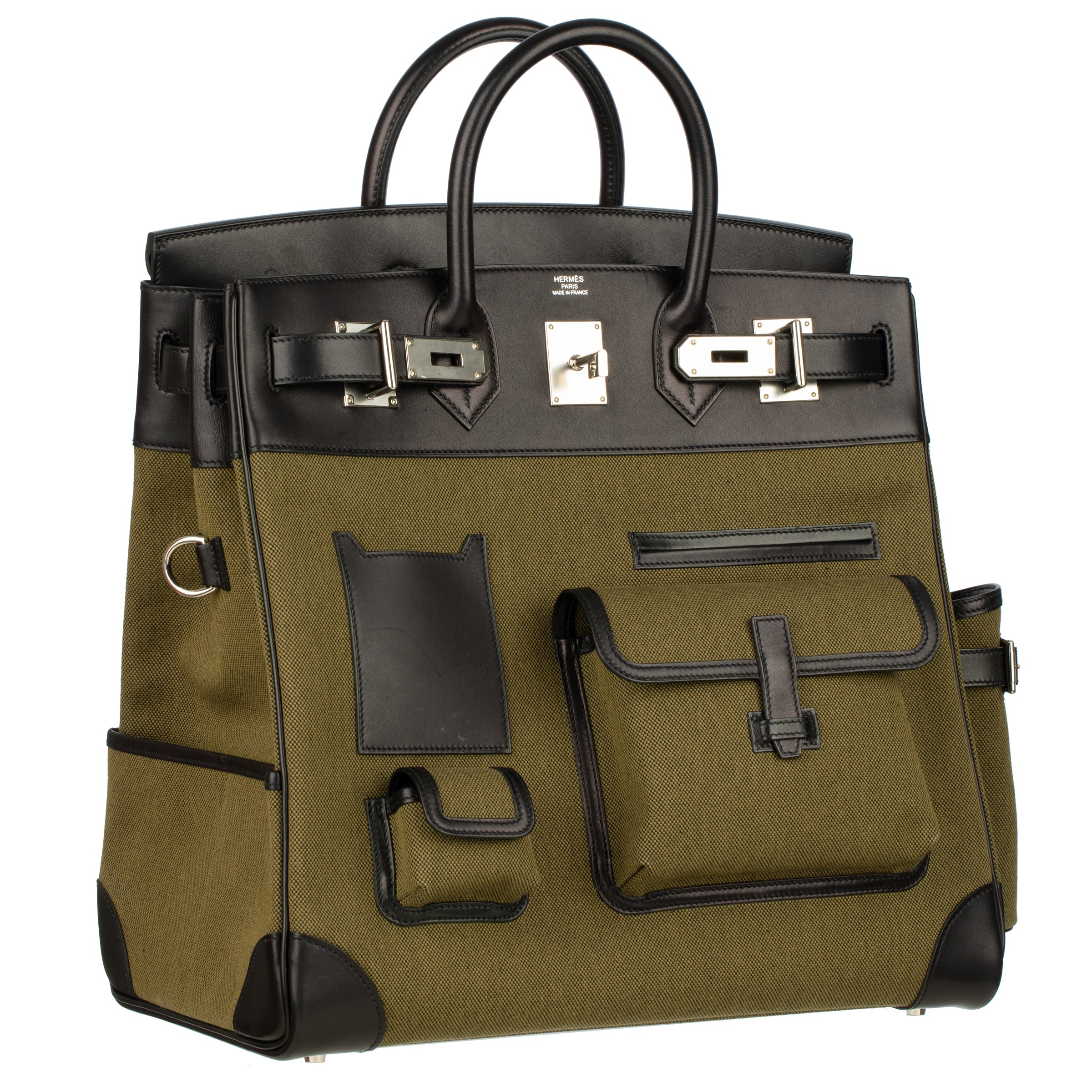 Hermès Haut A Courroies HAC 40cm Cargo Toile Black & Vert Militaire Evercalf Leather Palladium Hardware