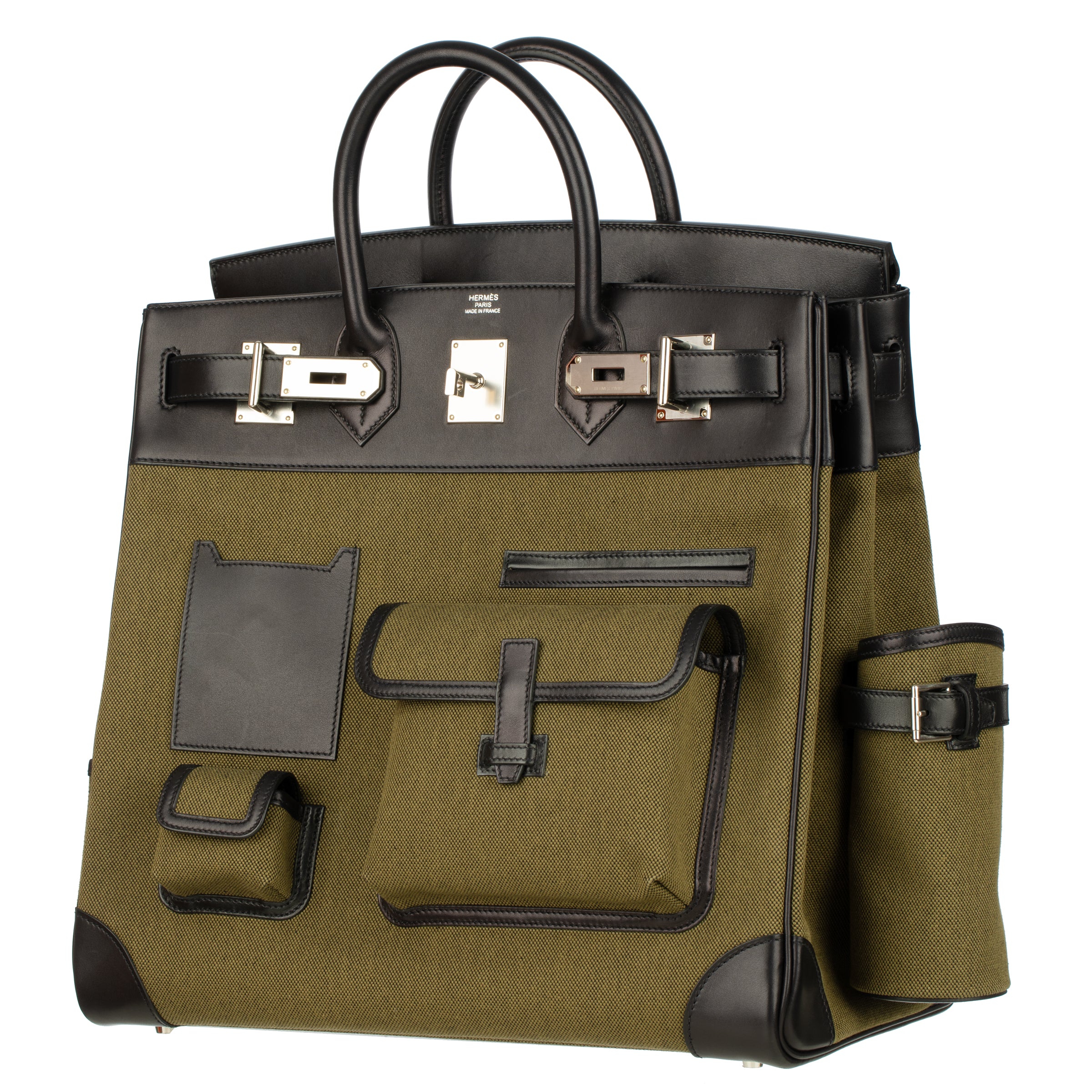 Hermès Haut A Courroies HAC 40cm Cargo Toile Black & Vert Militaire Evercalf Leather Palladium Hardware