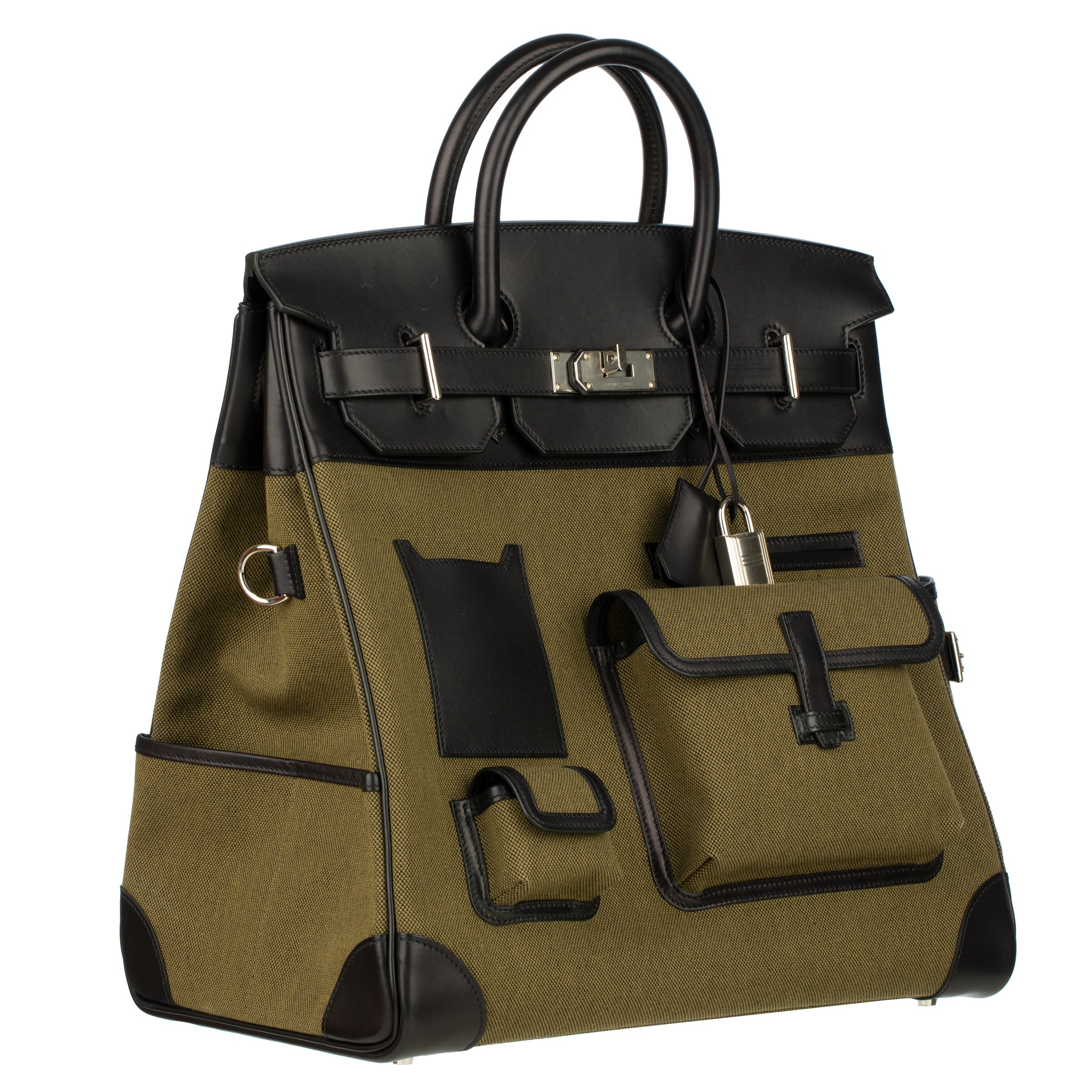 Hermès Haut A Courroies HAC 40cm Cargo Toile Black & Vert Militaire Evercalf Leather Palladium Hardware