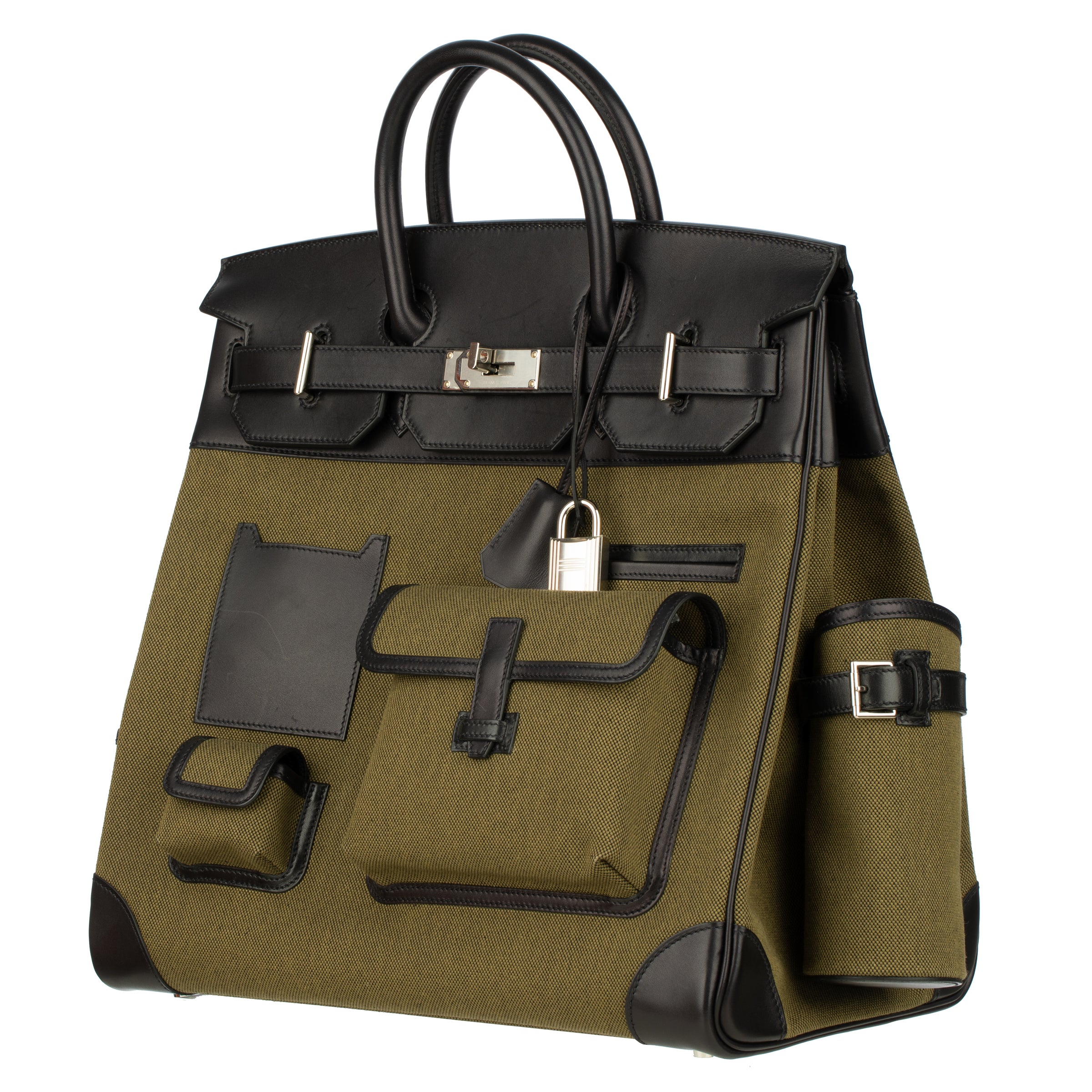 Hermès Haut A Courroies HAC 40cm Cargo Toile Black & Vert Militaire Evercalf Leather Palladium Hardware