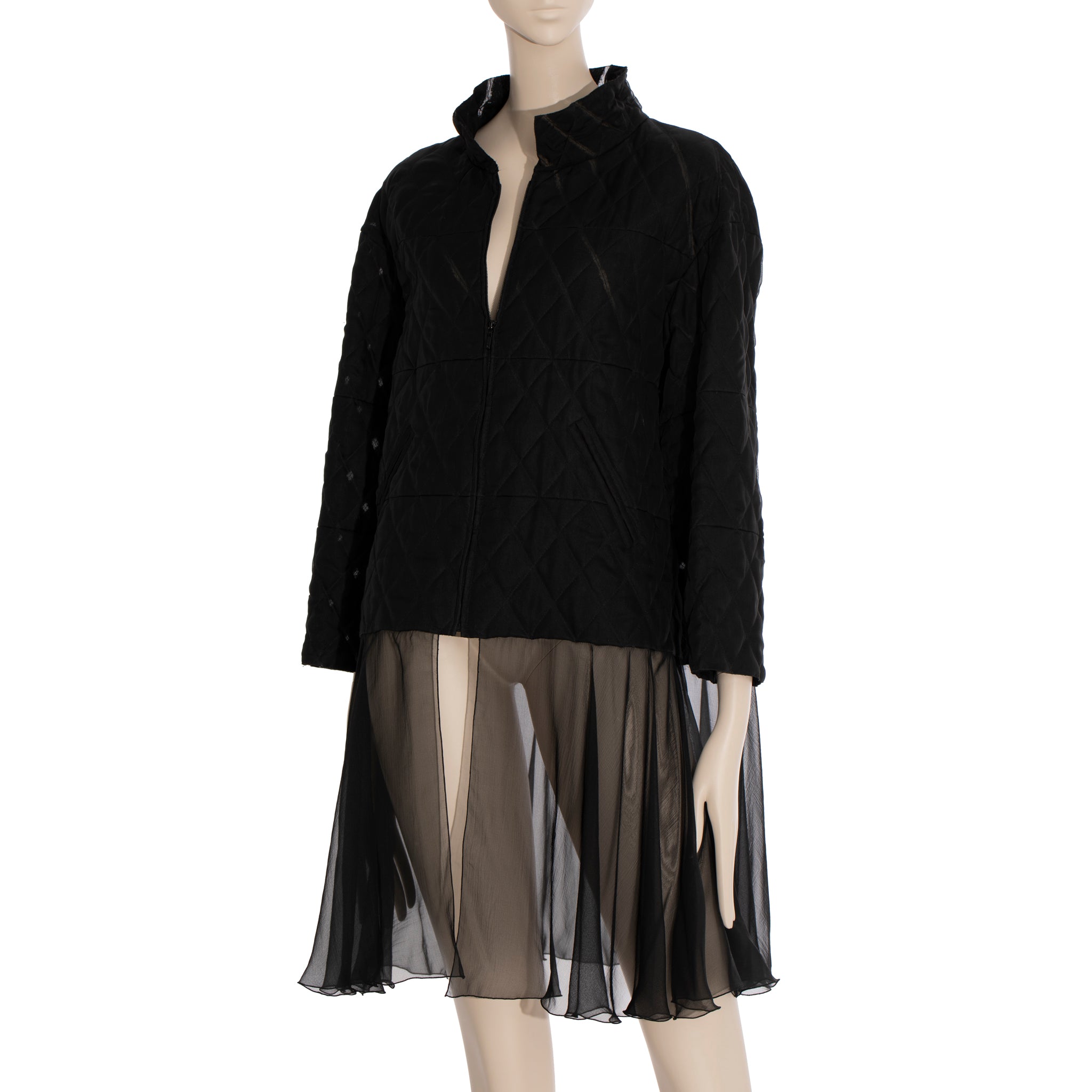 Chanel Quilted Black Jacket With Sheer Organza Skirting 42 FR