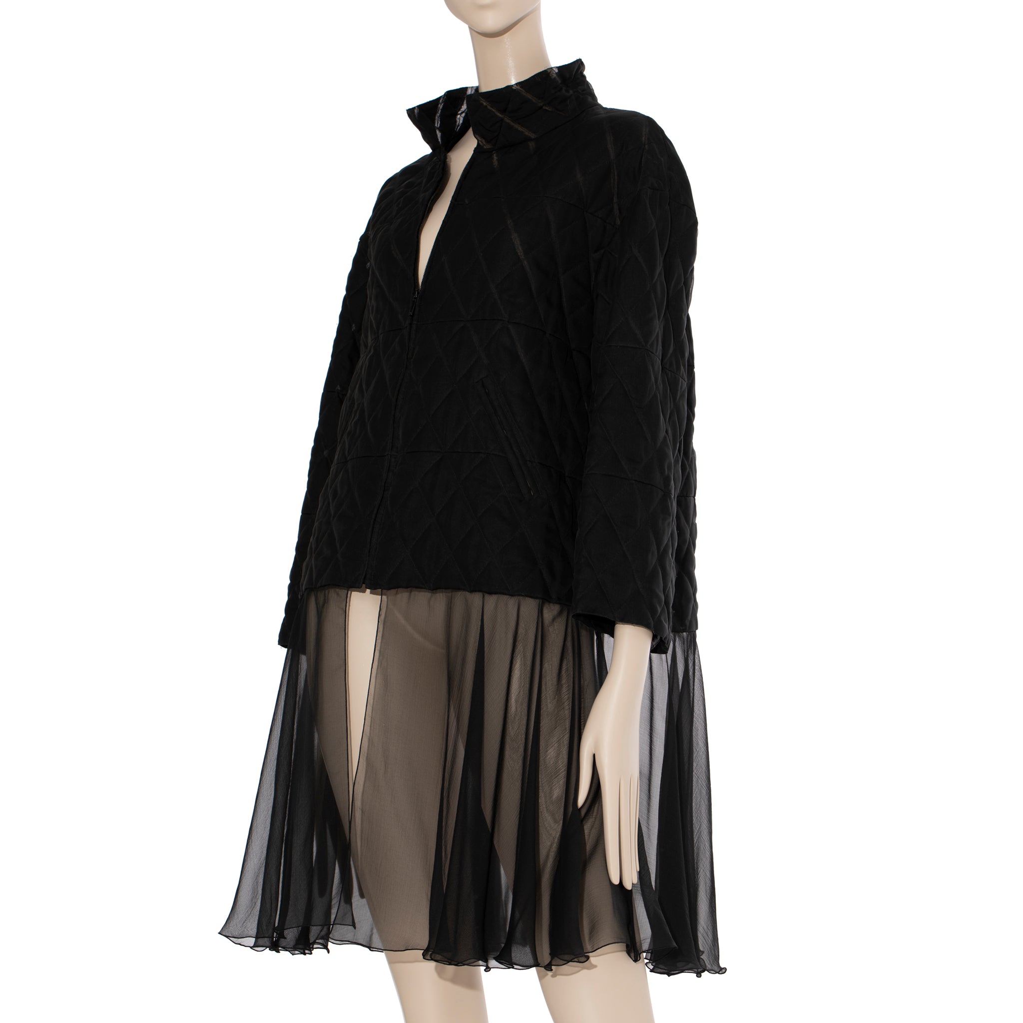 Chanel Quilted Black Jacket With Sheer Organza Skirting 42 FR