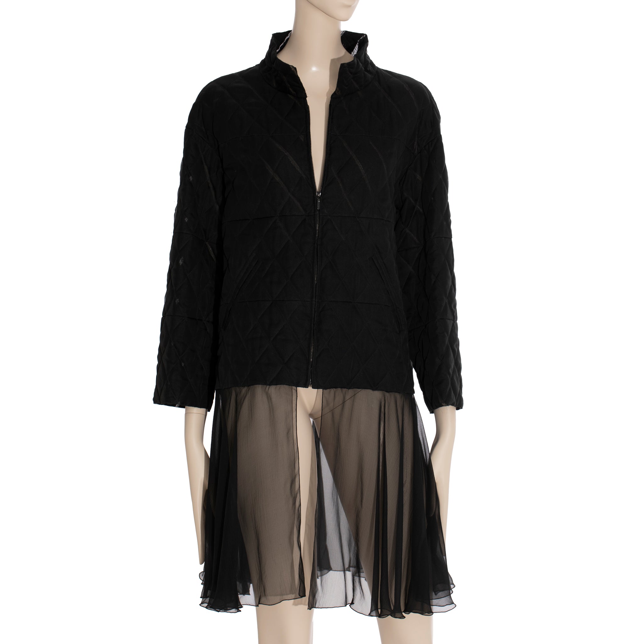 Chanel Quilted Black Jacket With Sheer Organza Skirting 42 FR