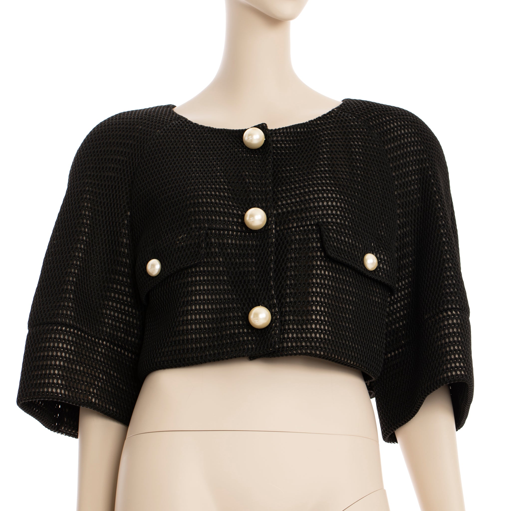 Chanel Crop Mesh Black Jacket With Faux Pearl Details 42 FR