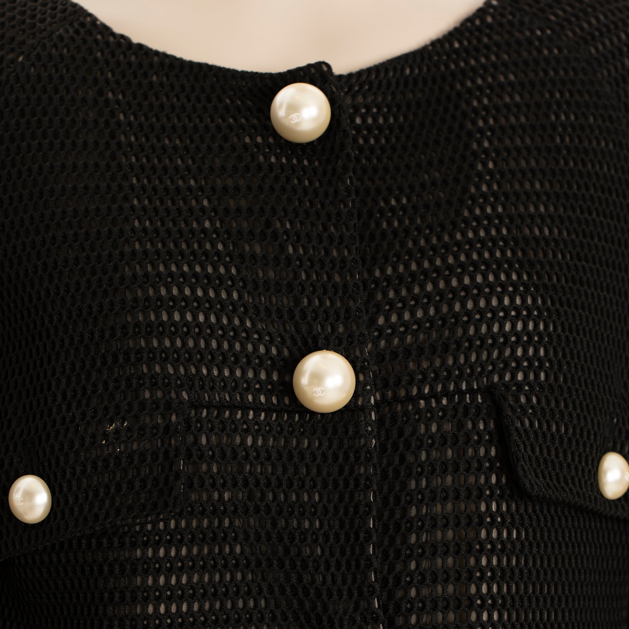 Chanel Crop Mesh Black Jacket With Faux Pearl Details 42 FR