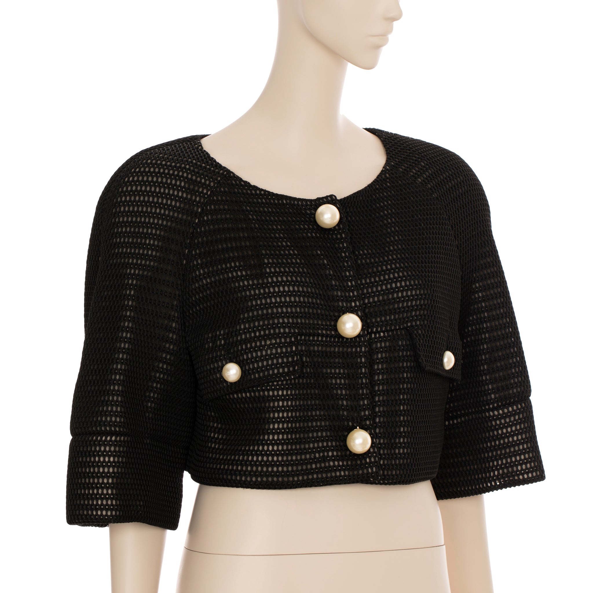 Chanel Crop Mesh Black Jacket With Faux Pearl Details 42 FR