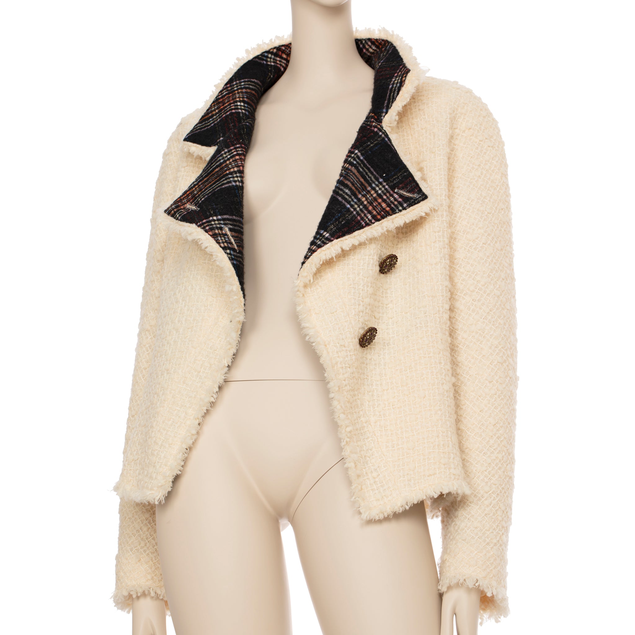 Chanel Cream Tweed Jacket With Plaid Lining 42 FR