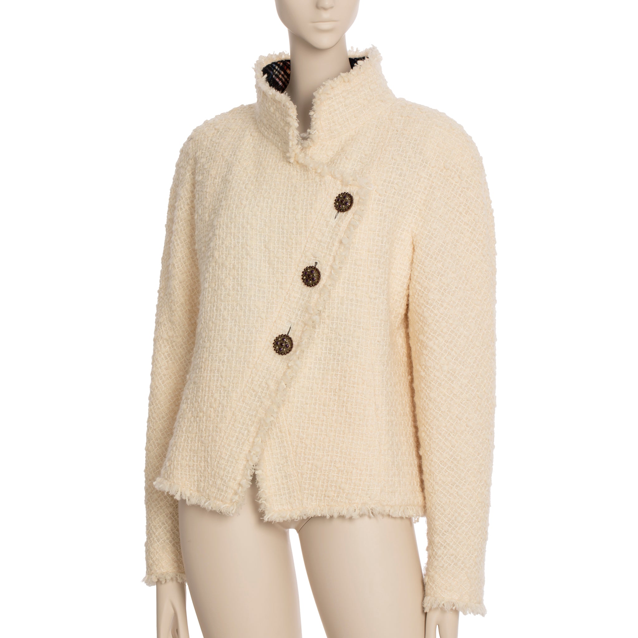 Chanel Cream Tweed Jacket With Plaid Lining 42 FR