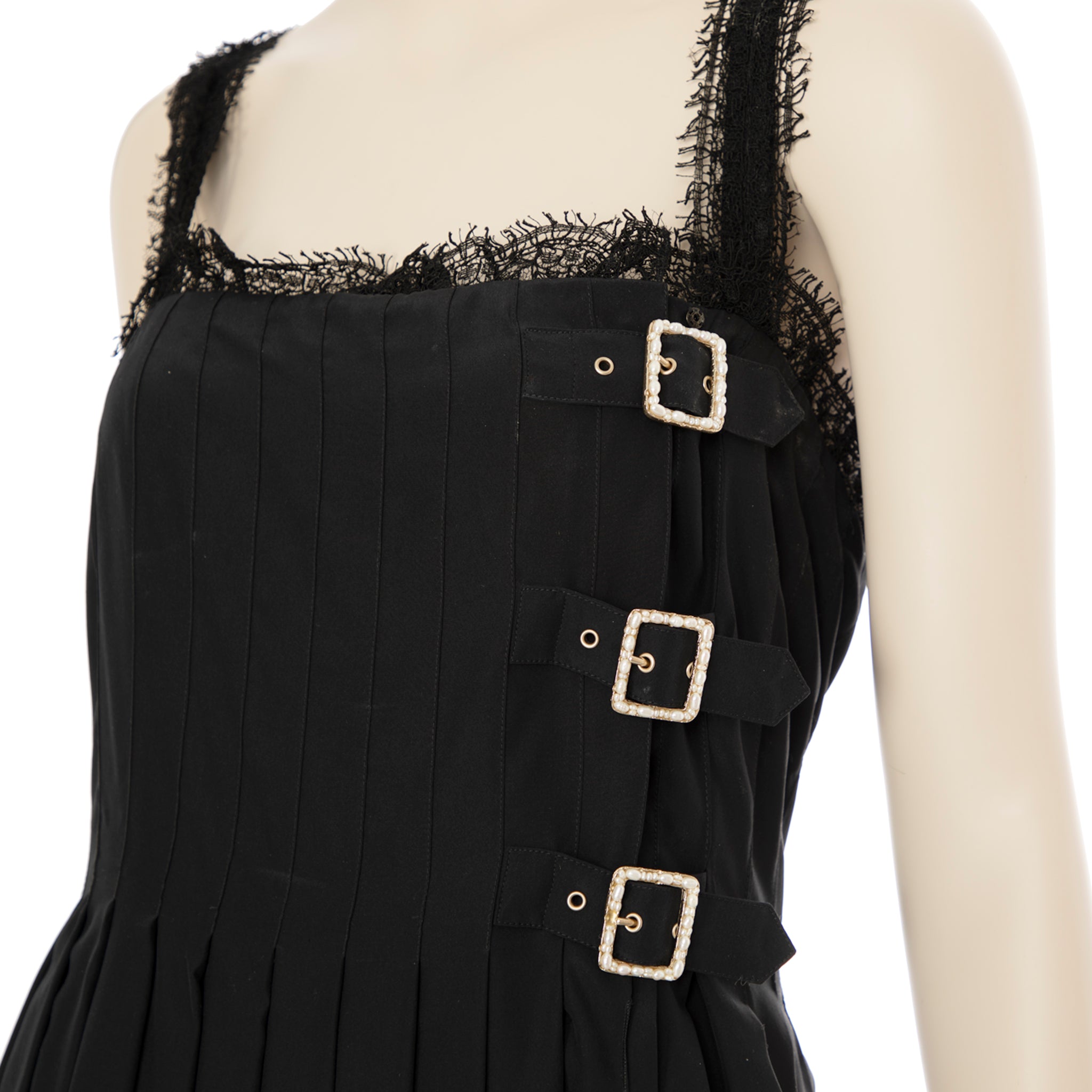 Chanel Black Dress With Lace & Faux Pearl Buckle 42 FR