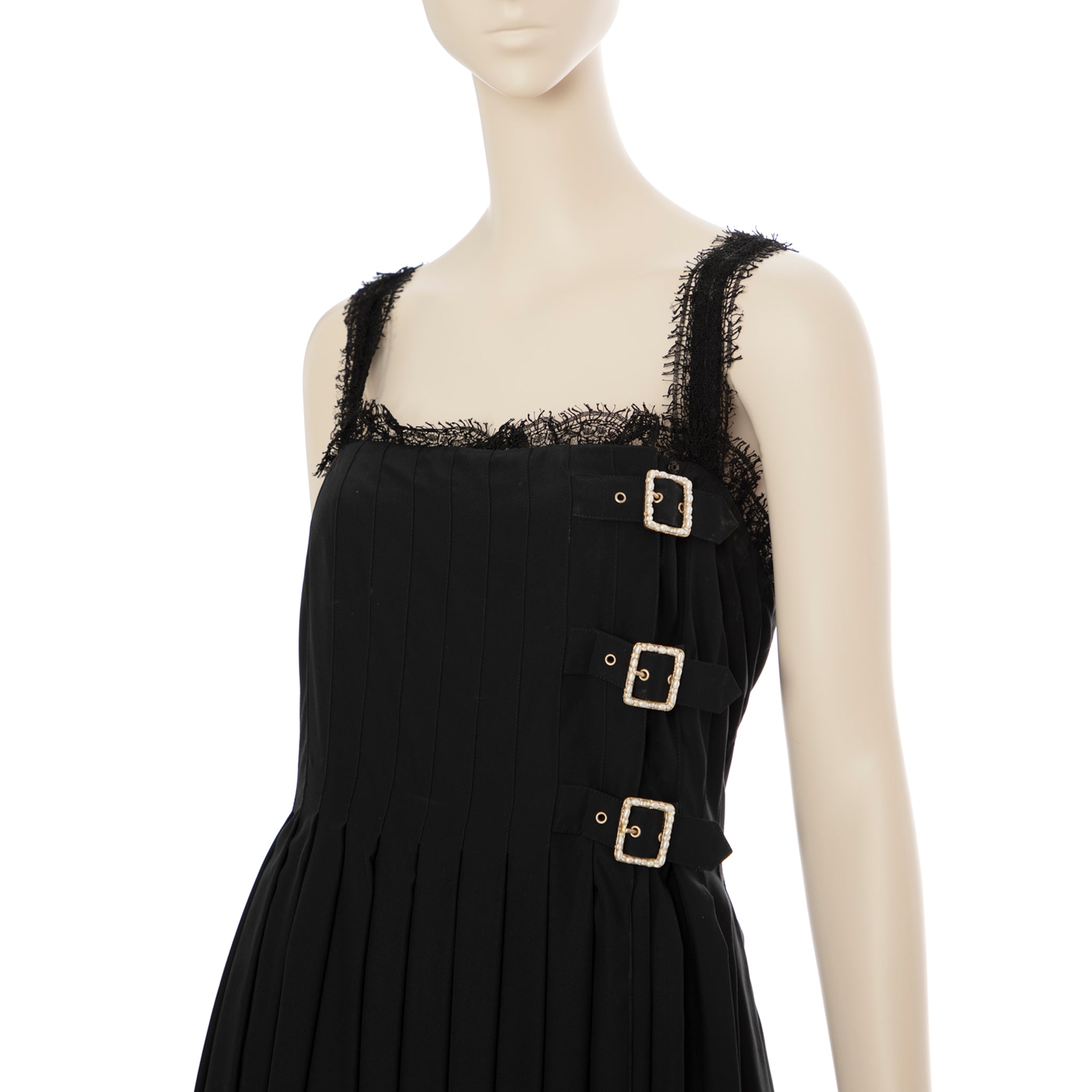 Chanel Black Dress With Lace & Faux Pearl Buckle 42 FR