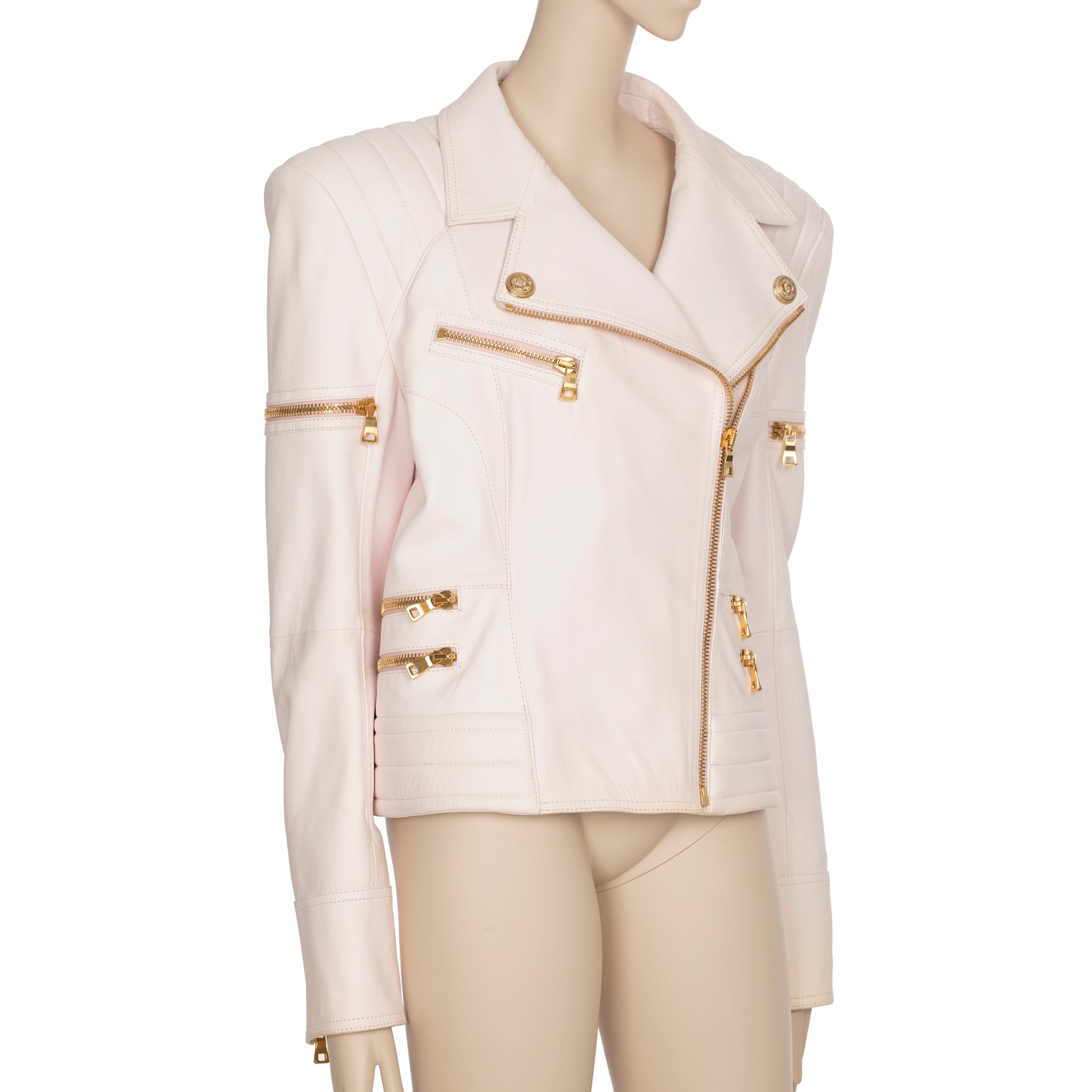 Balmain Pale Pink Leather Biker Jacket 44 FR