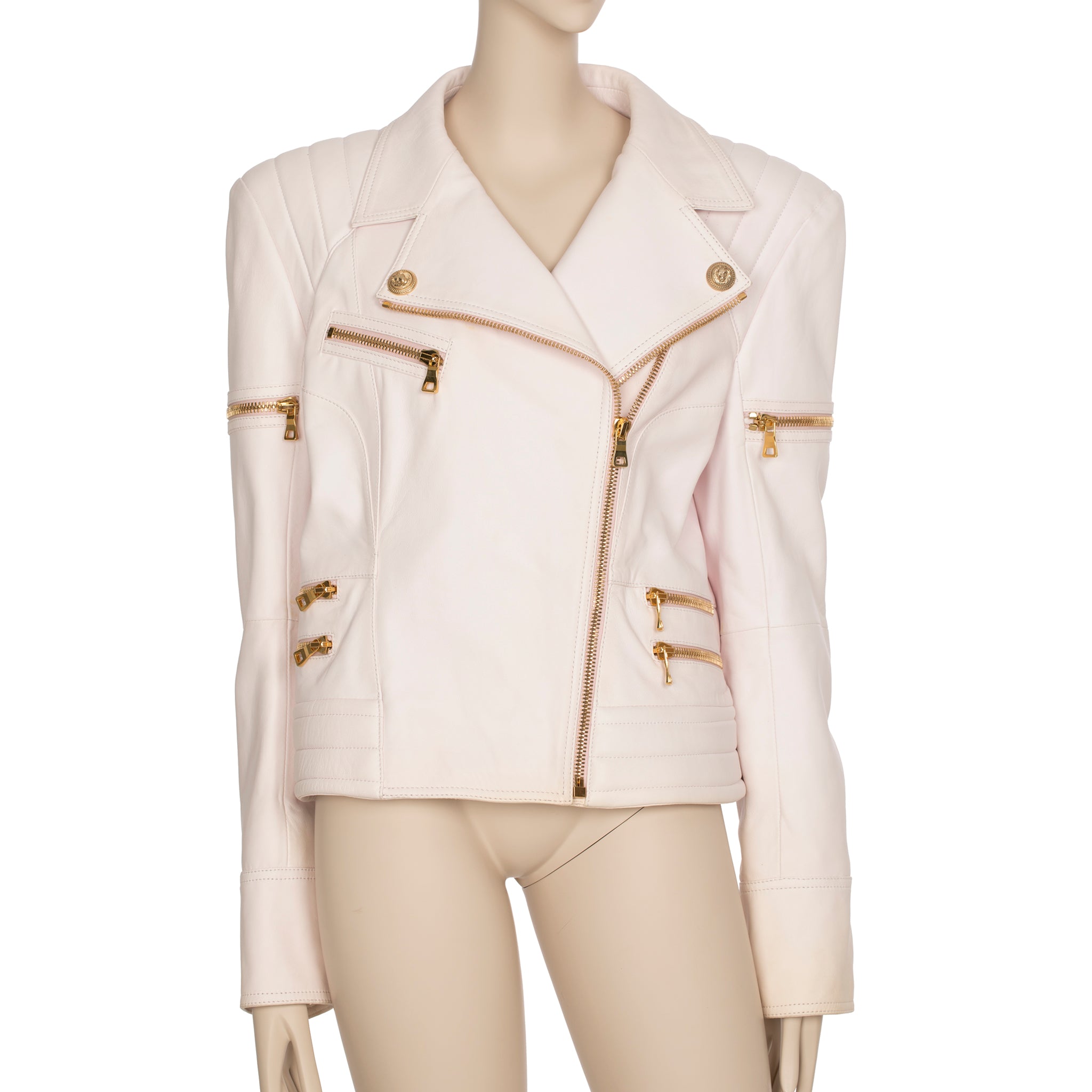 Balmain Pale Pink Leather Biker Jacket 44 FR