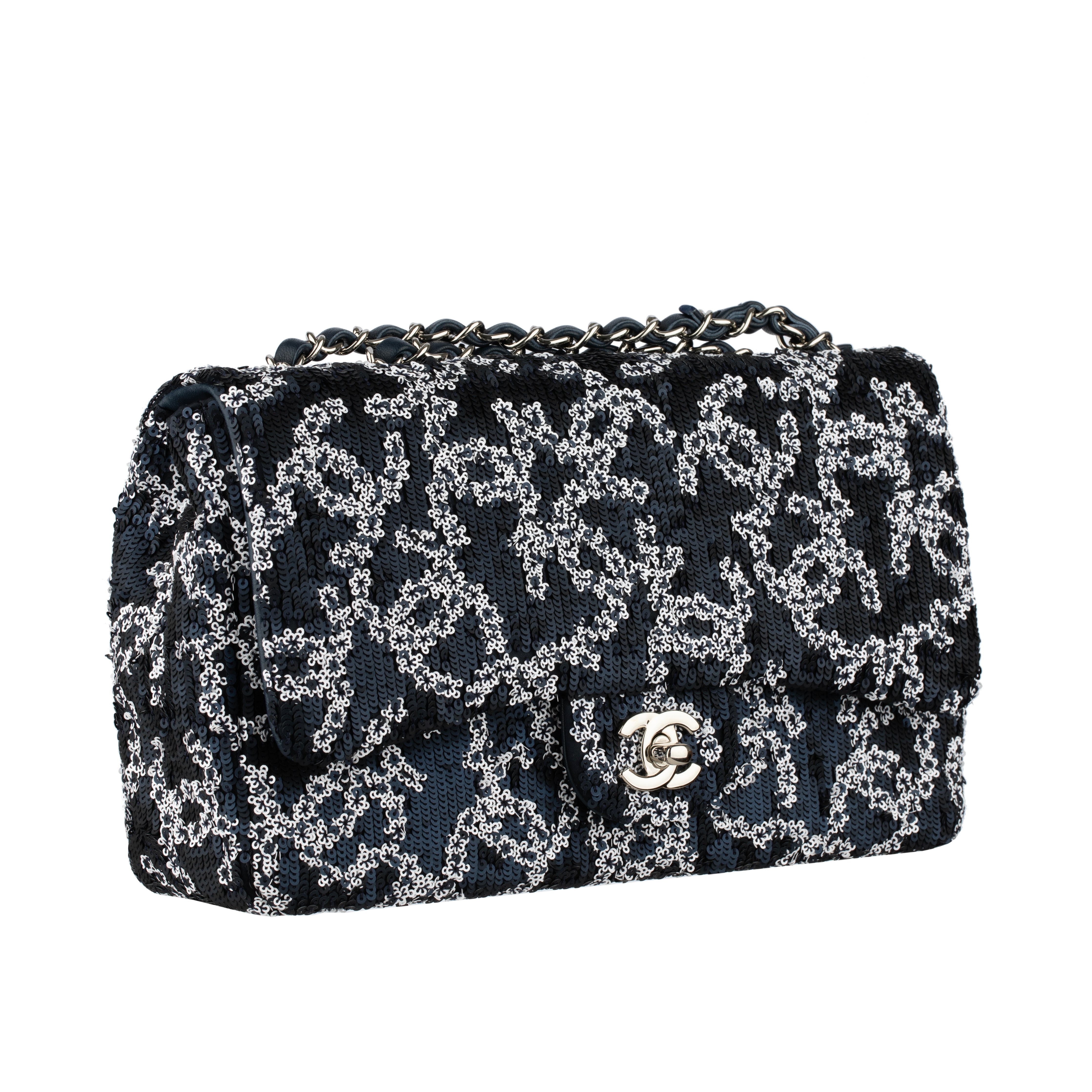 Chanel Medium Classic Single Flap Blue and White CC Sequin Design Silver-tone Hardware