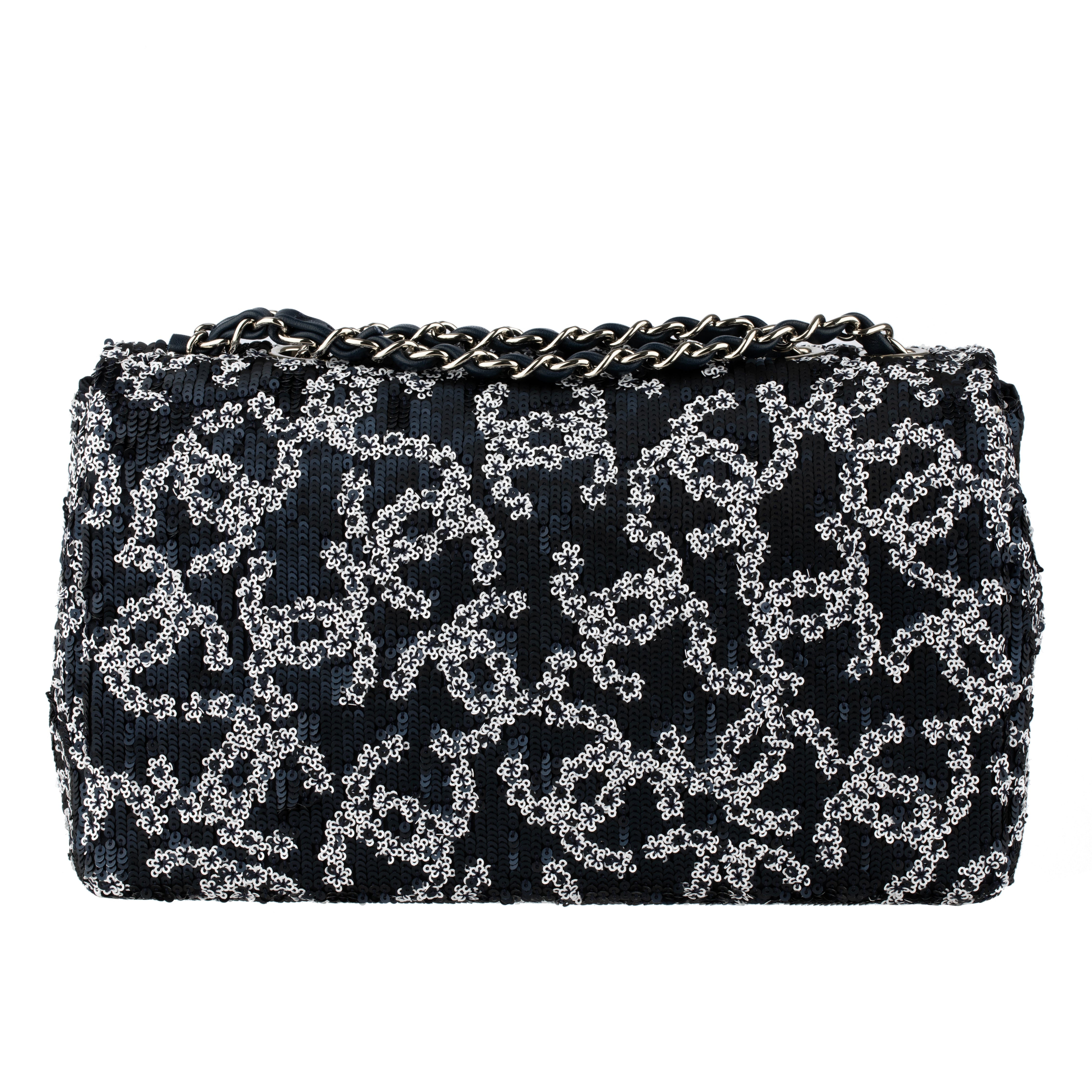 Chanel Medium Classic Single Flap Blue and White CC Sequin Design Silver-tone Hardware