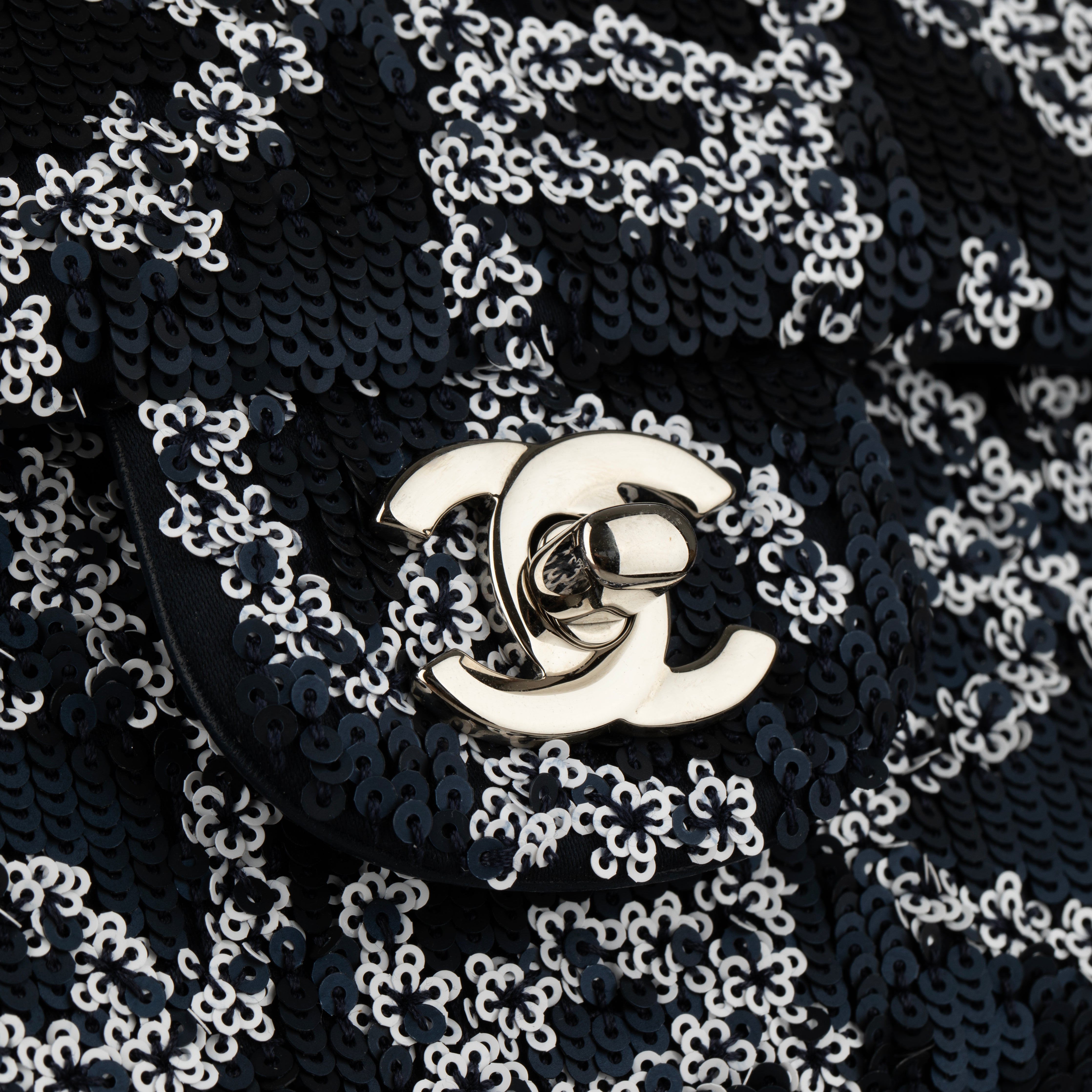 Chanel Medium Classic Single Flap Blue and White CC Sequin Design Silver-tone Hardware