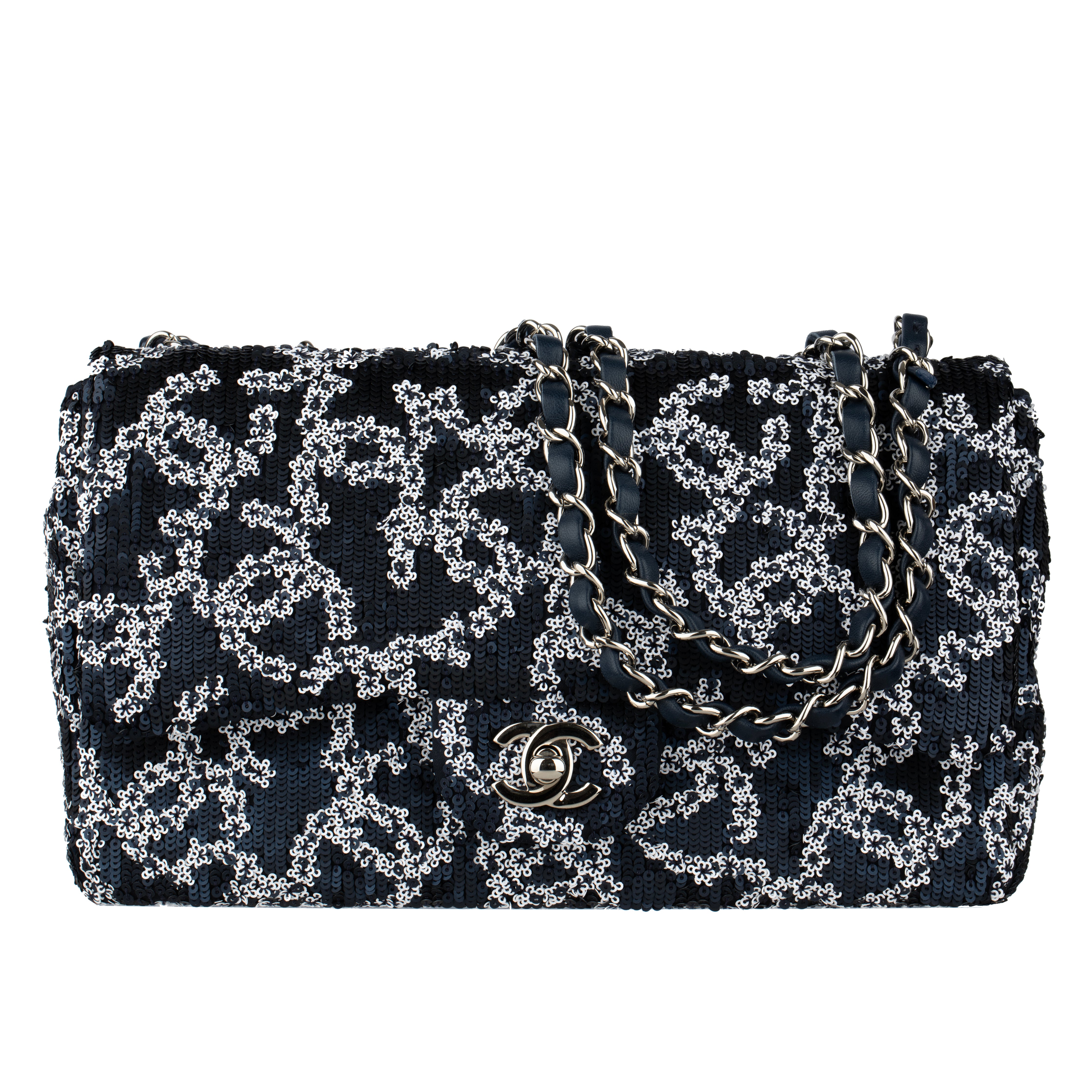 Chanel Medium Classic Single Flap Blue and White CC Sequin Design Silver-tone Hardware