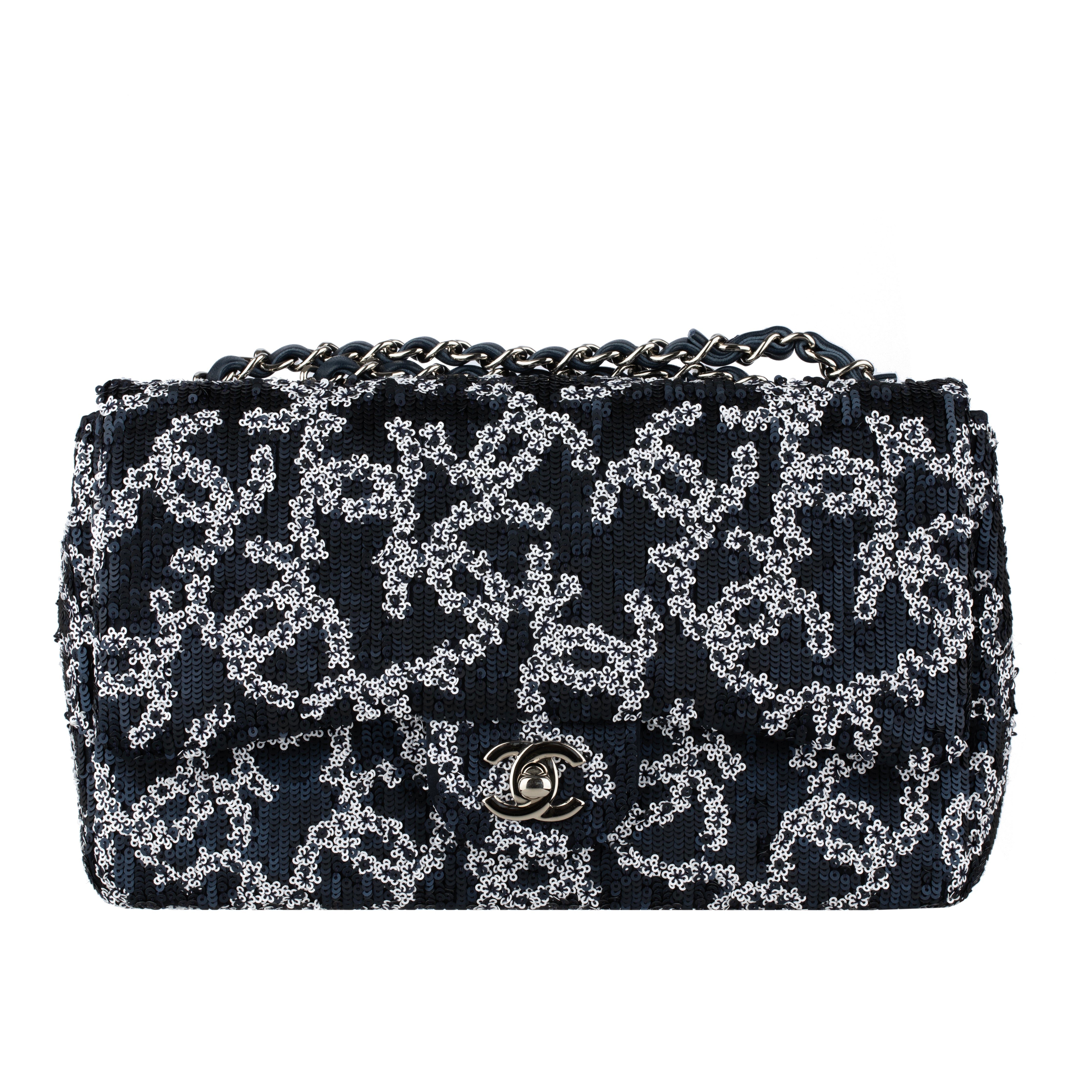 Chanel Medium Classic Single Flap Blue and White CC Sequin Design Silver-tone Hardware