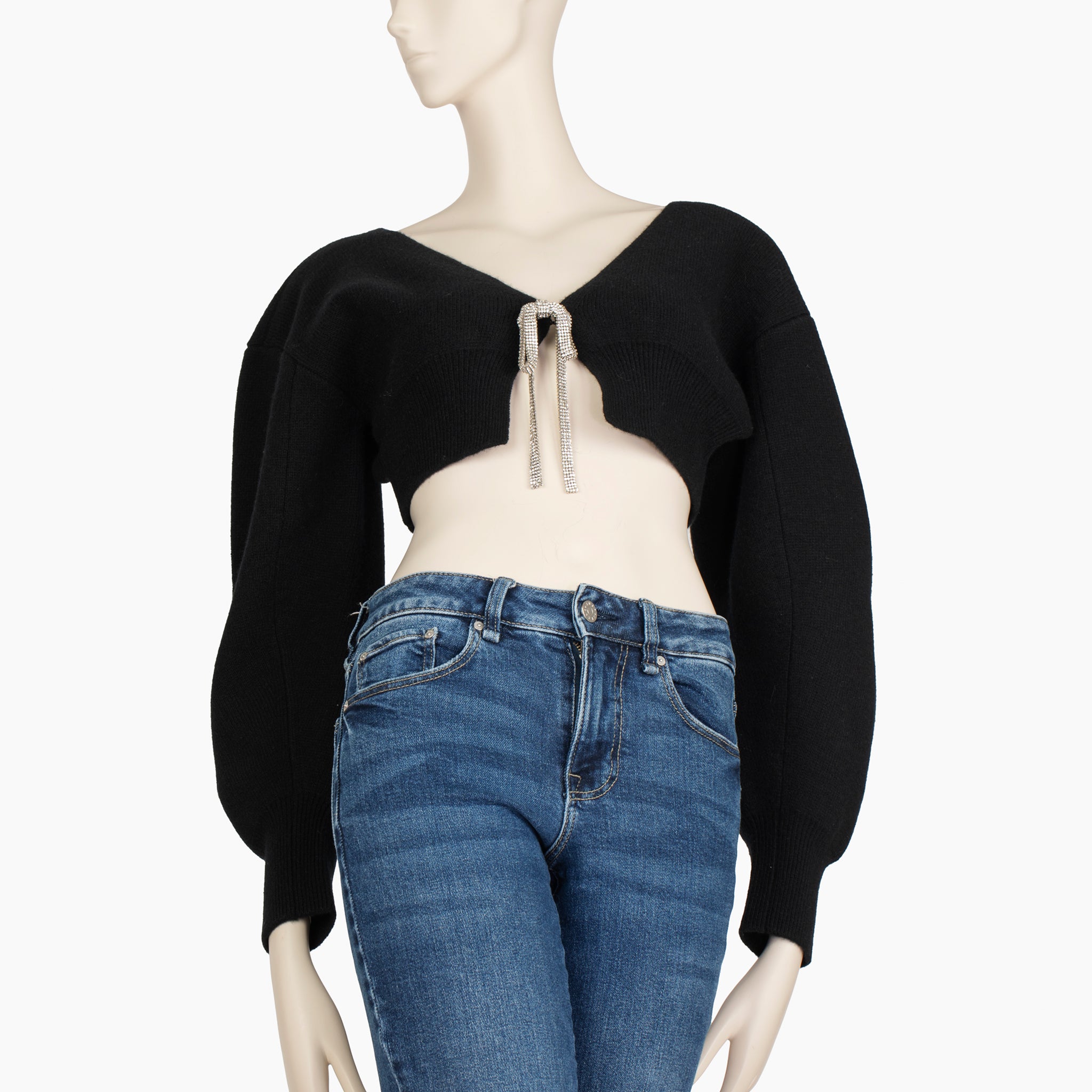 Alexander Wang Black Cropped Knit Sweater with Crystal Bow Tie – Size M