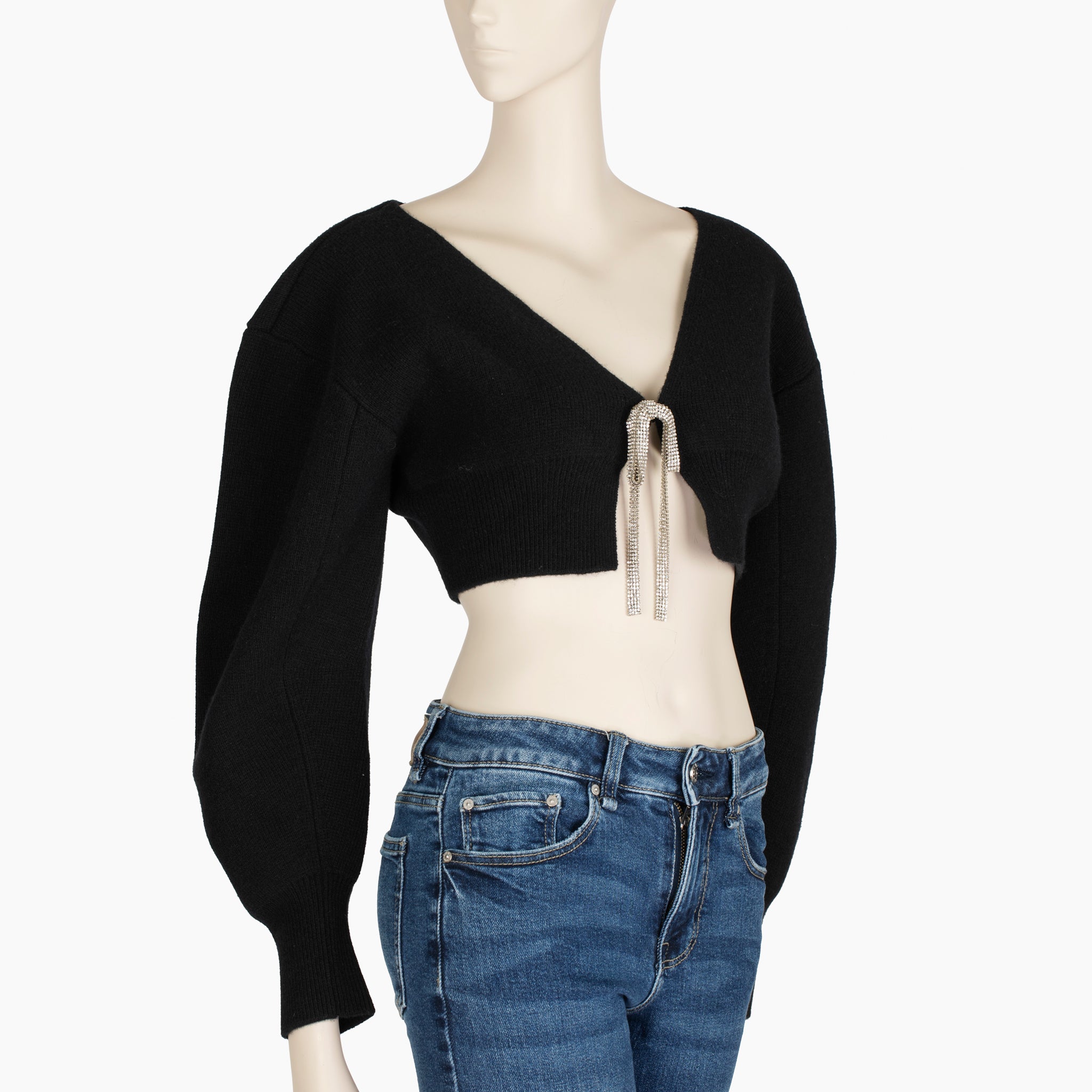 Alexander Wang Black Cropped Knit Sweater with Crystal Bow Tie – Size M