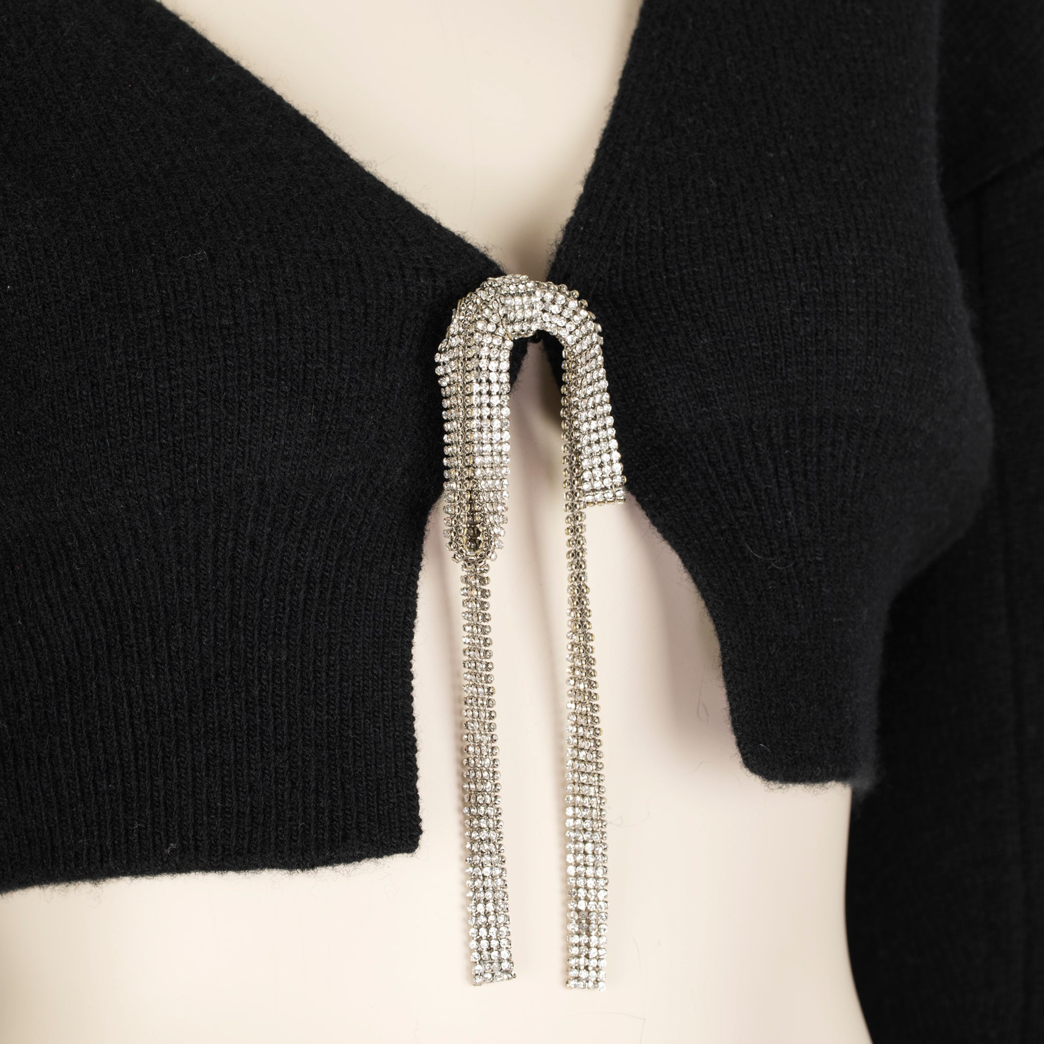 Alexander Wang Black Cropped Knit Sweater with Crystal Bow Tie – Size M