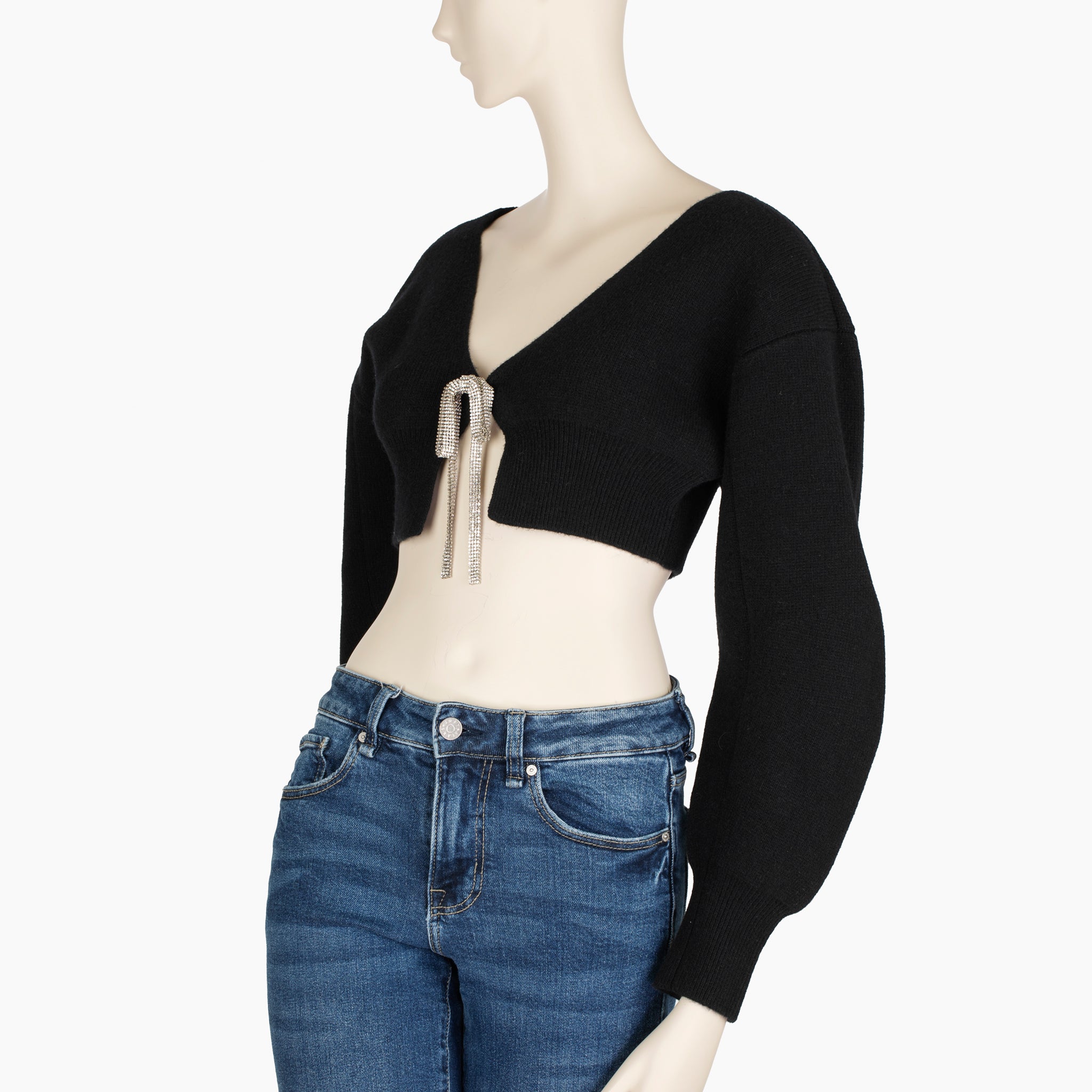 Alexander Wang Black Cropped Knit Sweater with Crystal Bow Tie – Size M