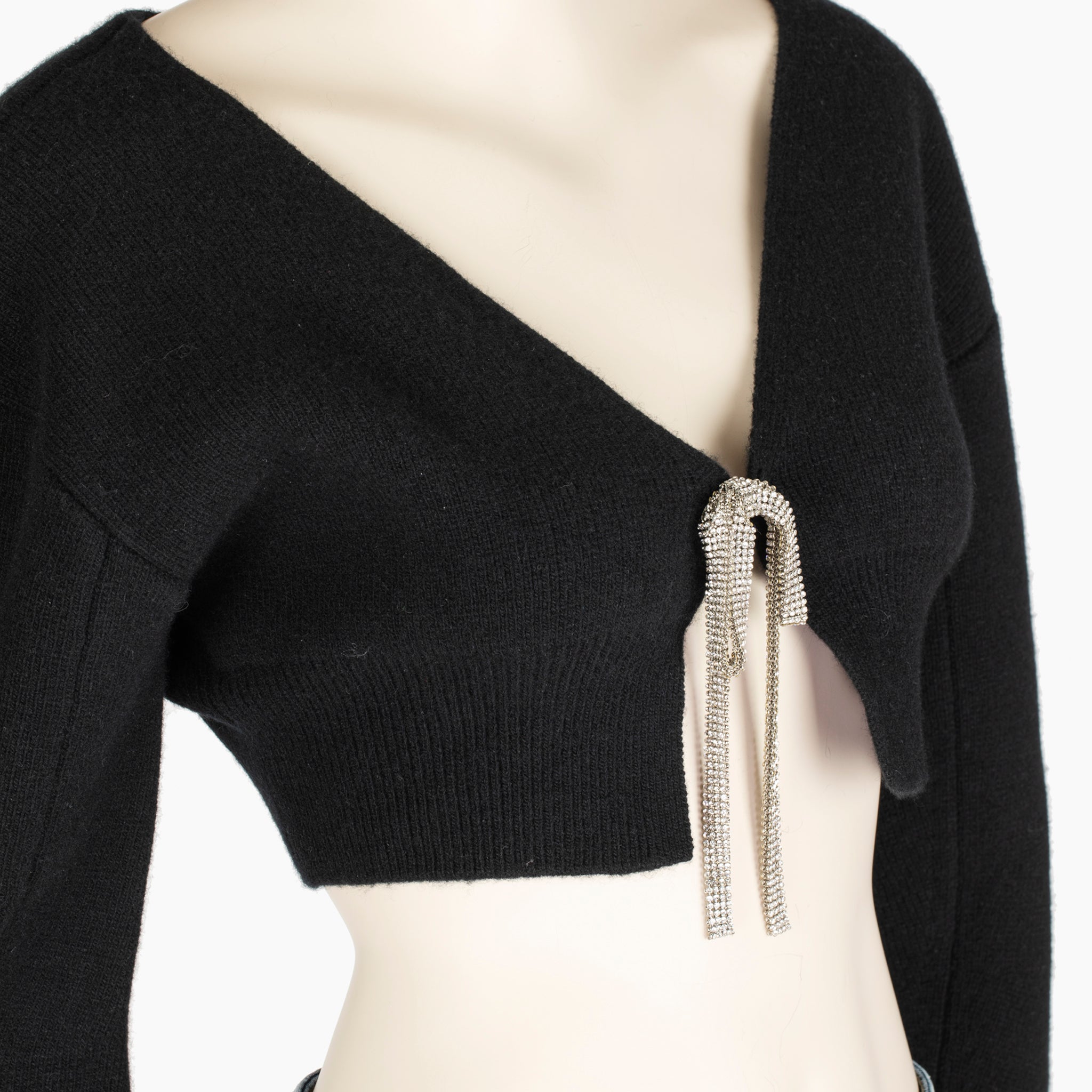 Alexander Wang Black Cropped Knit Sweater with Crystal Bow Tie – Size M