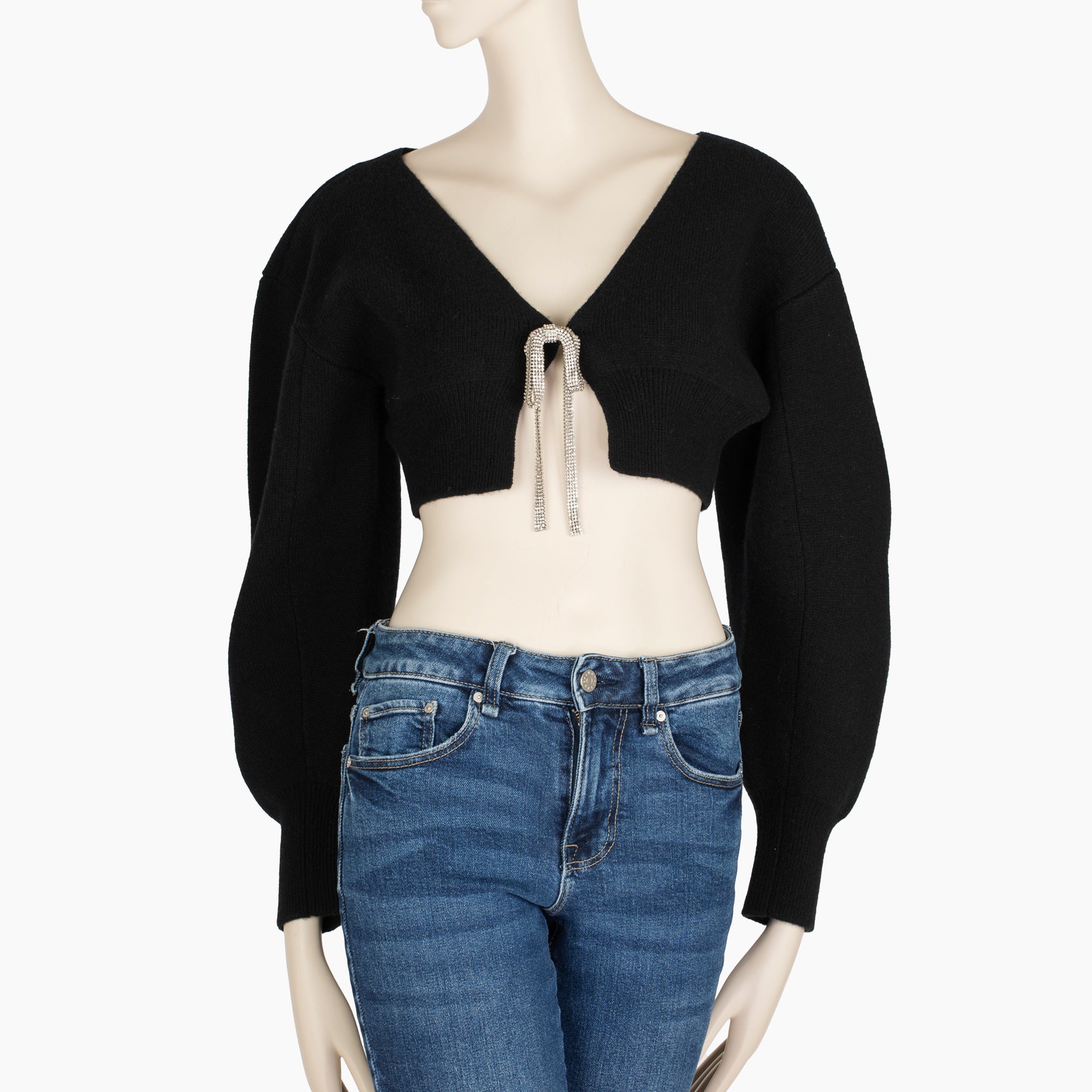 Alexander Wang Black Cropped Knit Sweater with Crystal Bow Tie – Size M