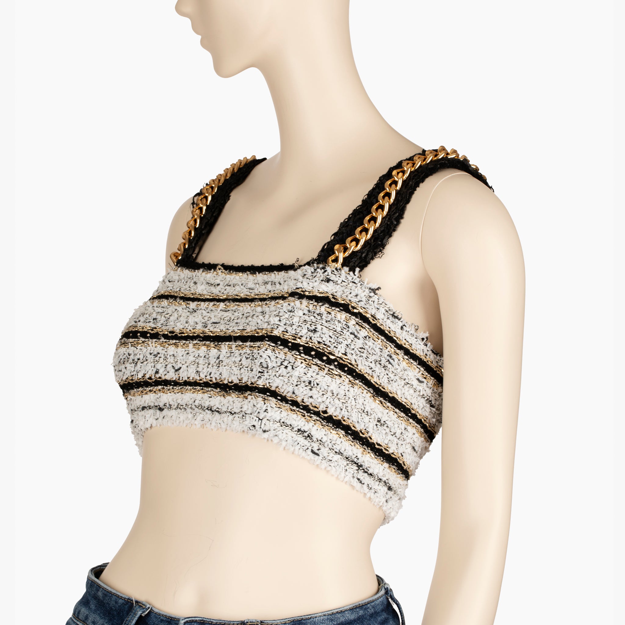 Balmain Paris Chain-Strap Cropped Bouclé Top in Monochrome - 38 FR