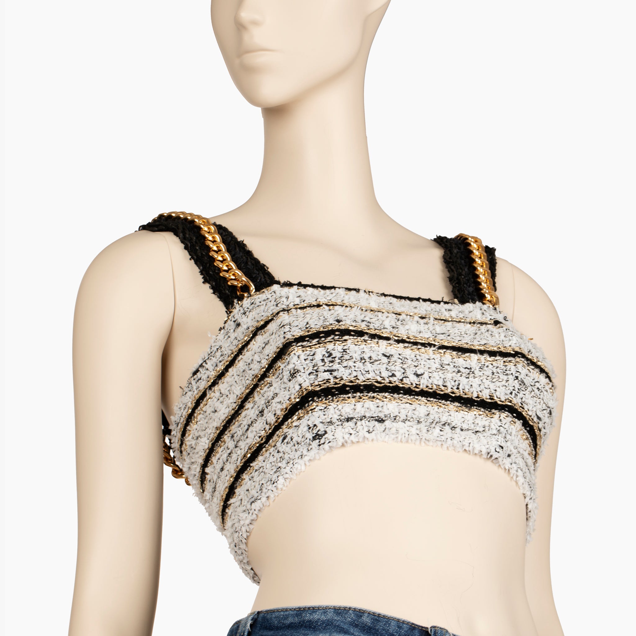 Balmain Paris Chain-Strap Cropped Bouclé Top in Monochrome - 38 FR