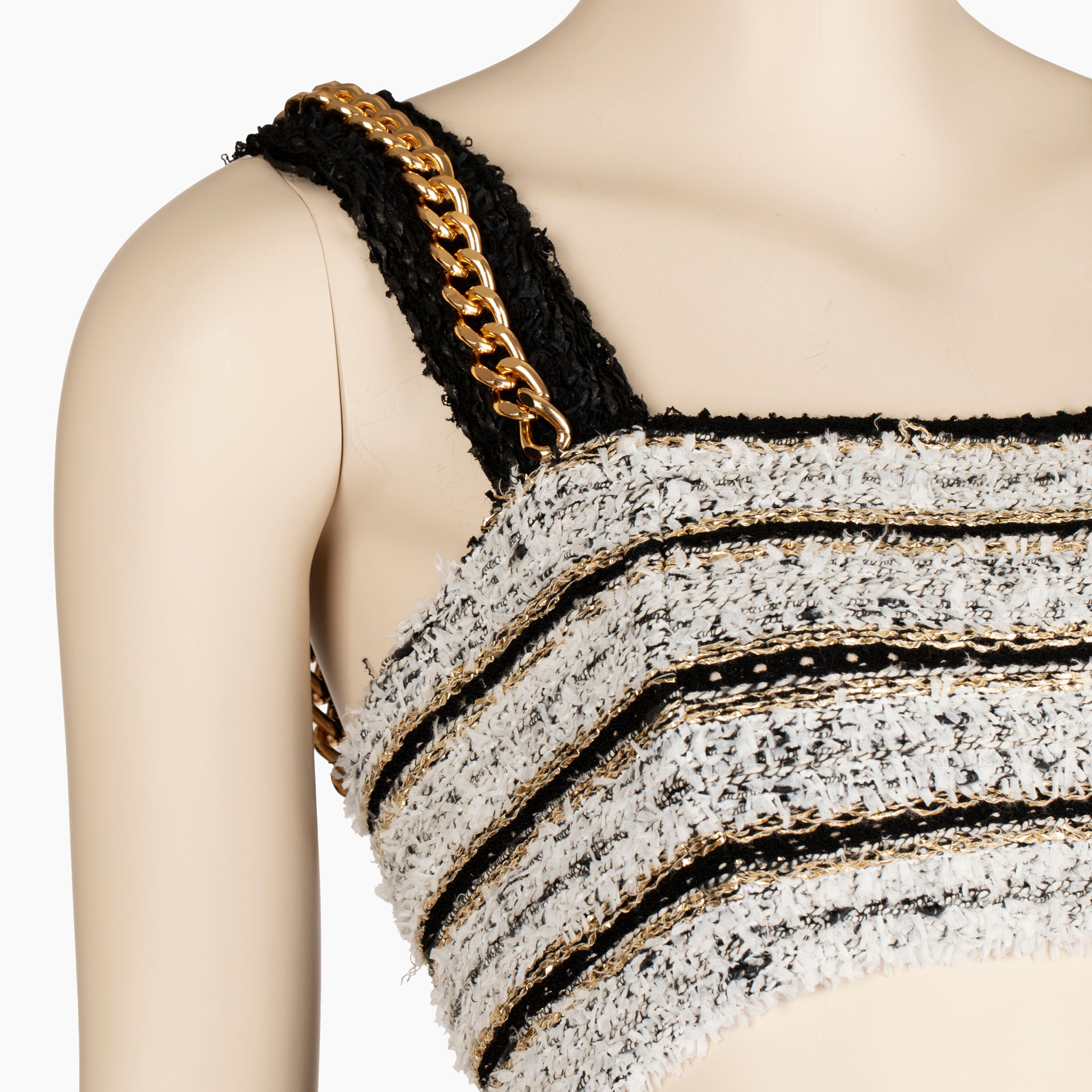 Balmain Paris Chain-Strap Cropped Bouclé Top in Monochrome - 38 FR