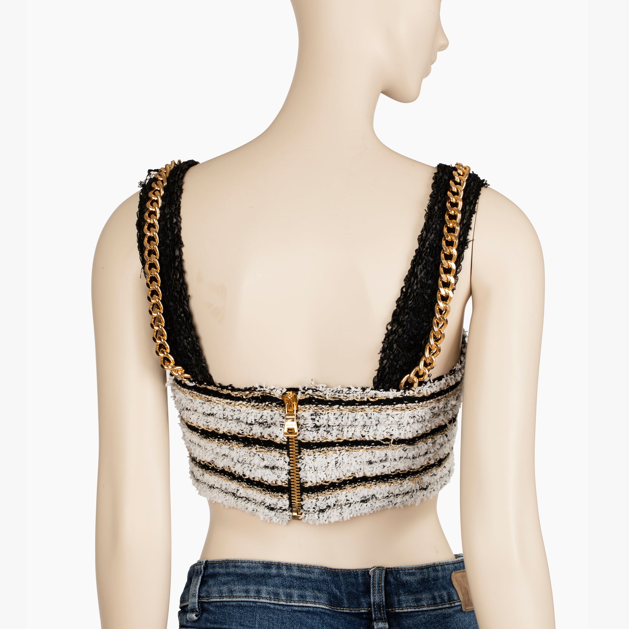 Balmain Paris Chain-Strap Cropped Bouclé Top in Monochrome - 38 FR