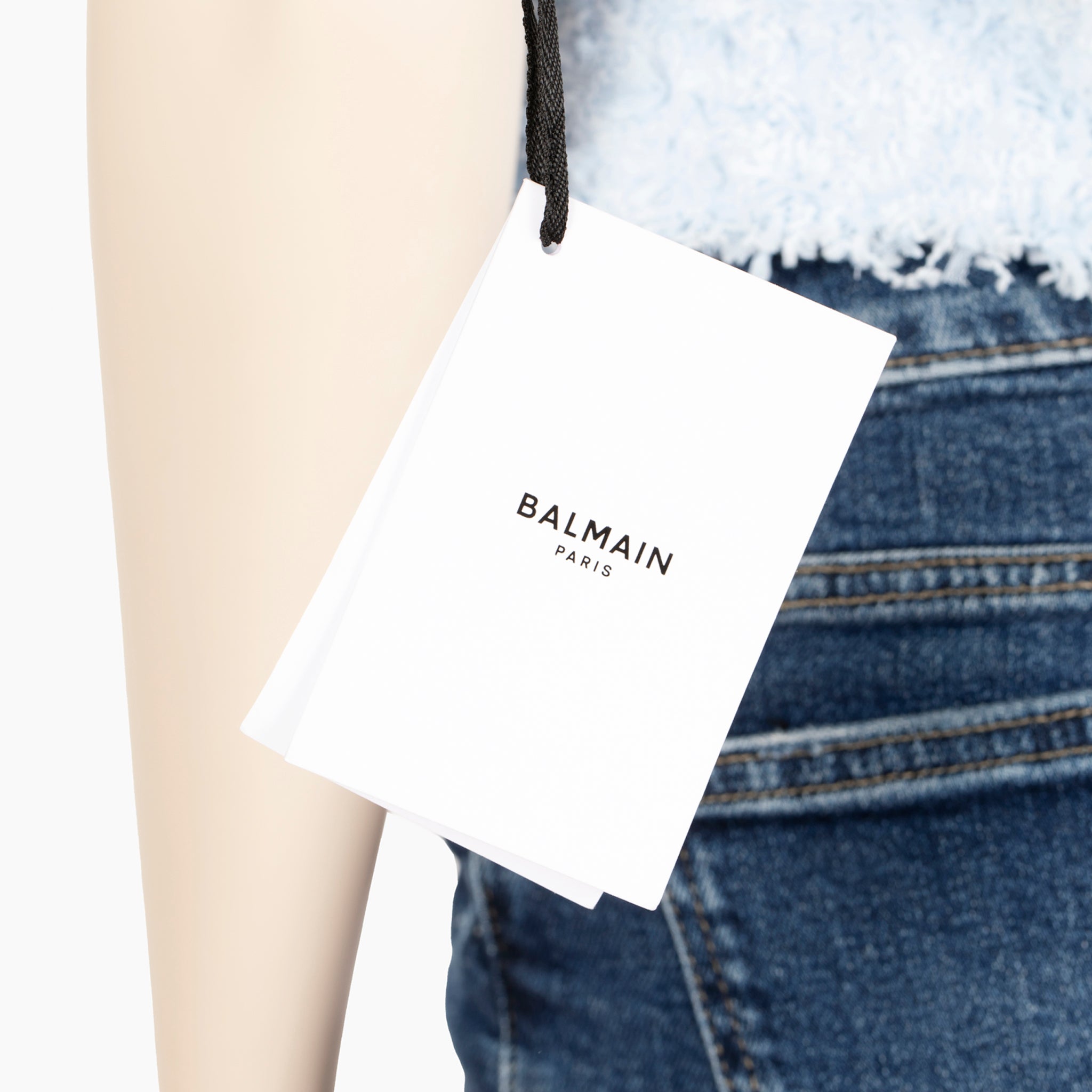 Balmain Paris Pale Blue Bouclé Crop Top with Gold Lion Buttons – 36 FR