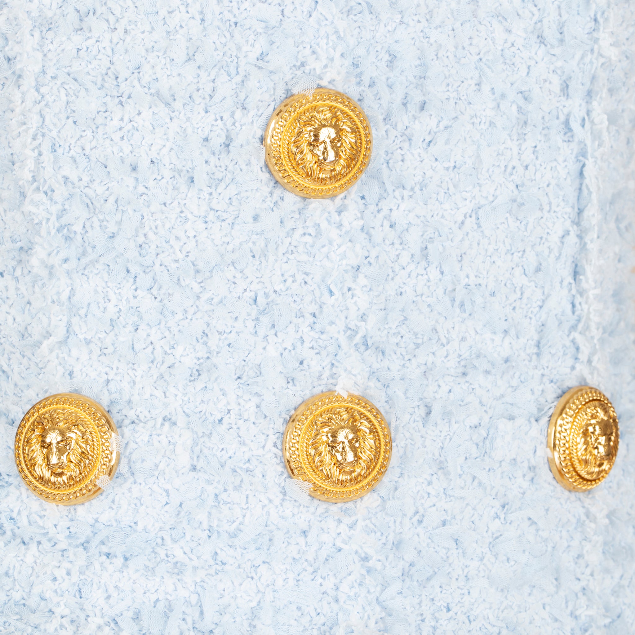 Balmain Paris Pale Blue Bouclé Crop Top with Gold Lion Buttons – 36 FR