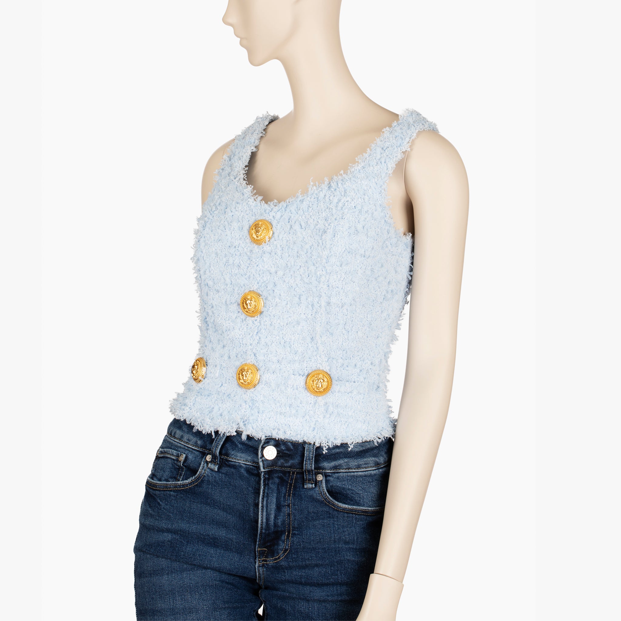 Balmain Paris Pale Blue Bouclé Crop Top with Gold Lion Buttons – 36 FR