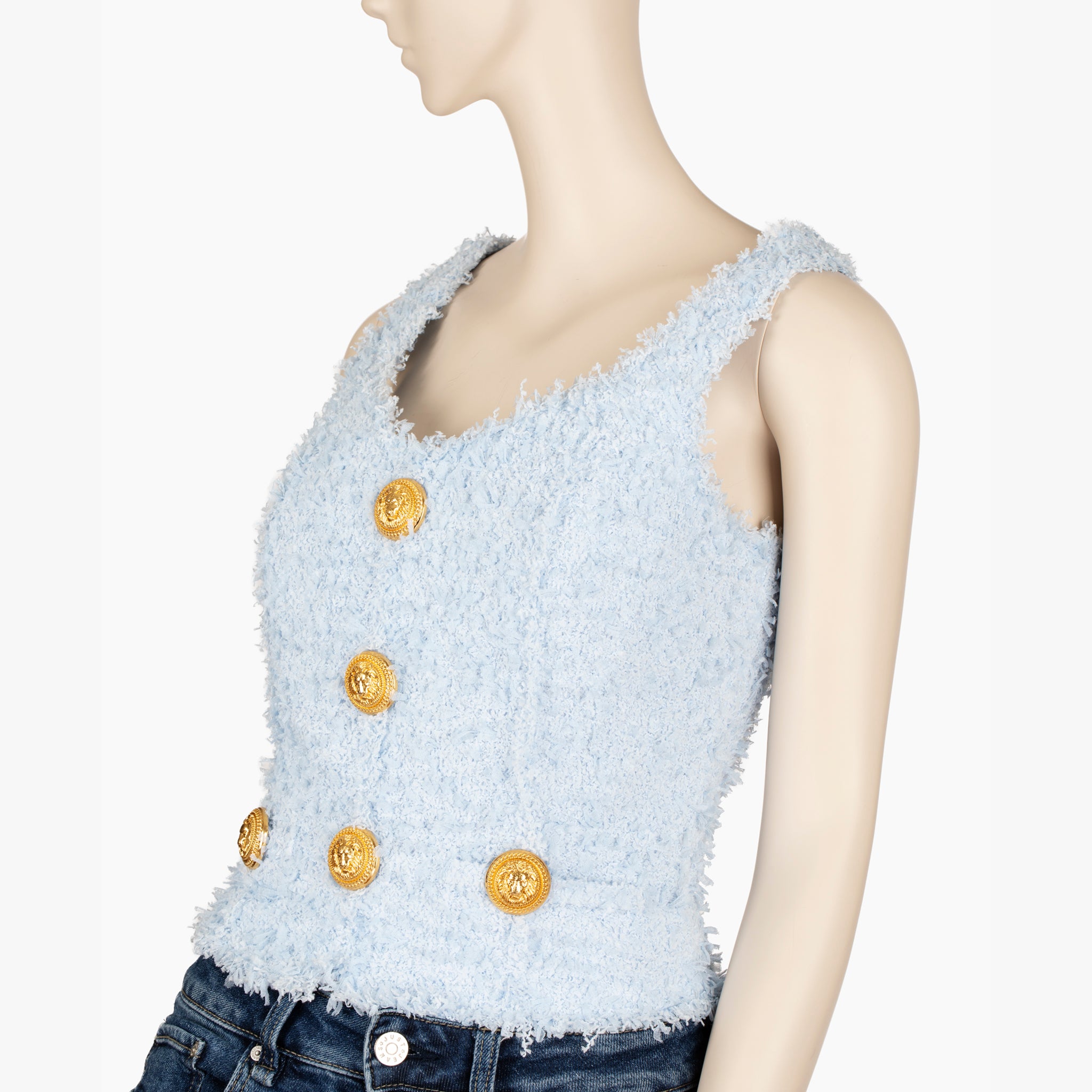 Balmain Paris Pale Blue Bouclé Crop Top with Gold Lion Buttons – 36 FR