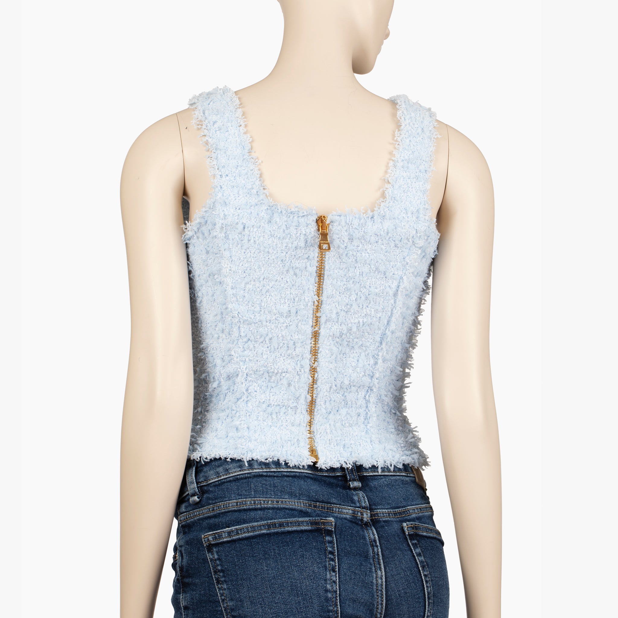 Balmain Paris Pale Blue Bouclé Crop Top with Gold Lion Buttons – 36 FR