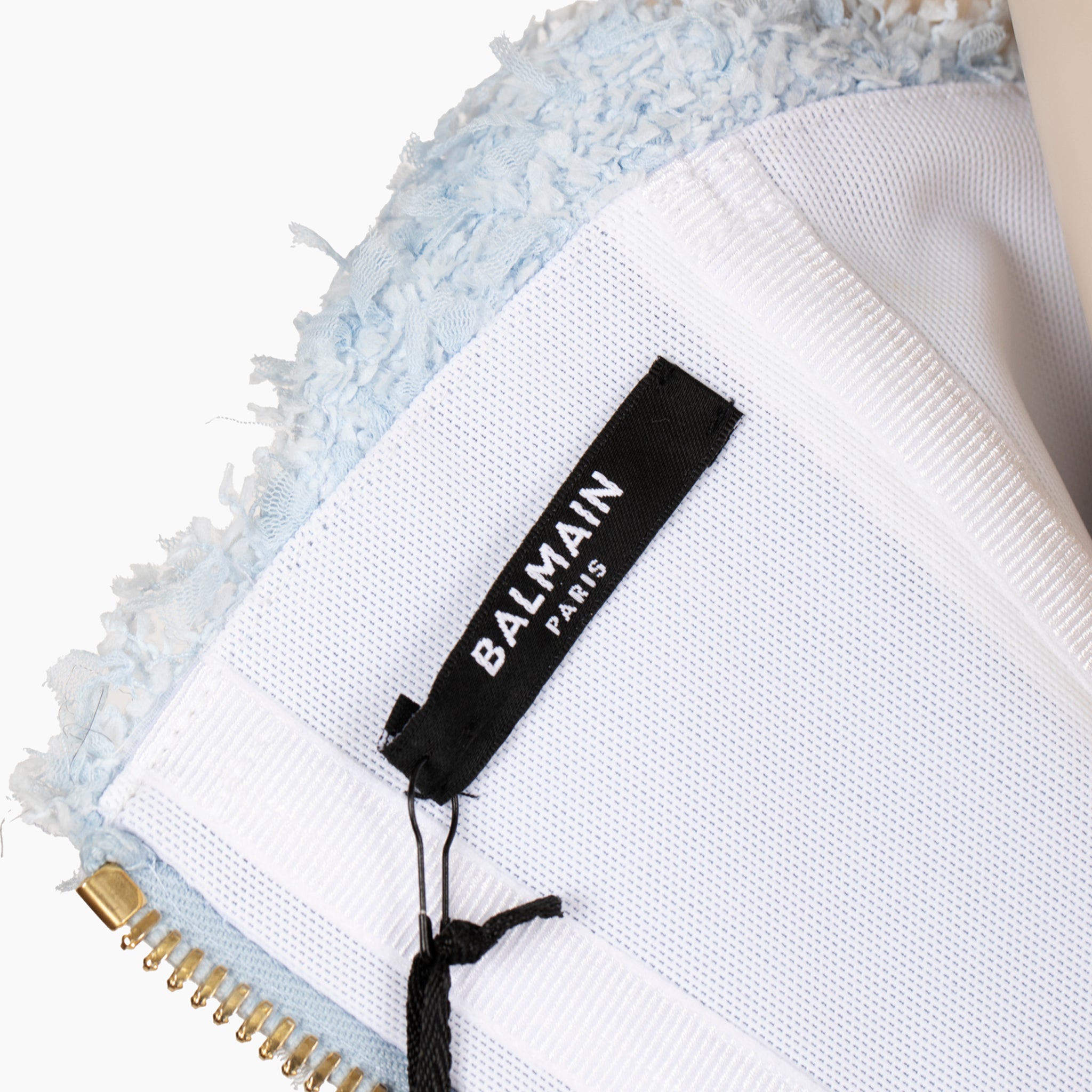 Balmain Paris Pale Blue Bouclé Crop Top with Gold Lion Buttons – 36 FR