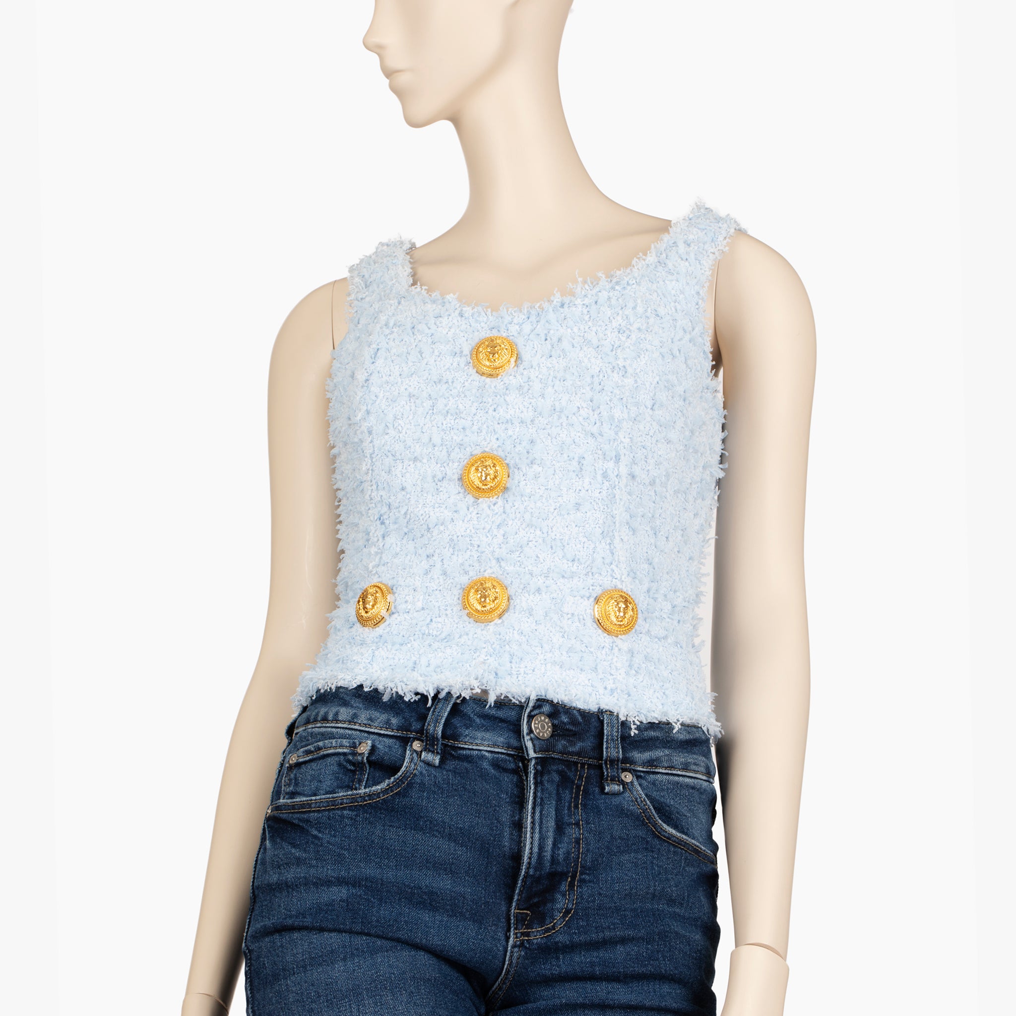 Balmain Paris Pale Blue Bouclé Crop Top with Gold Lion Buttons – 36 FR
