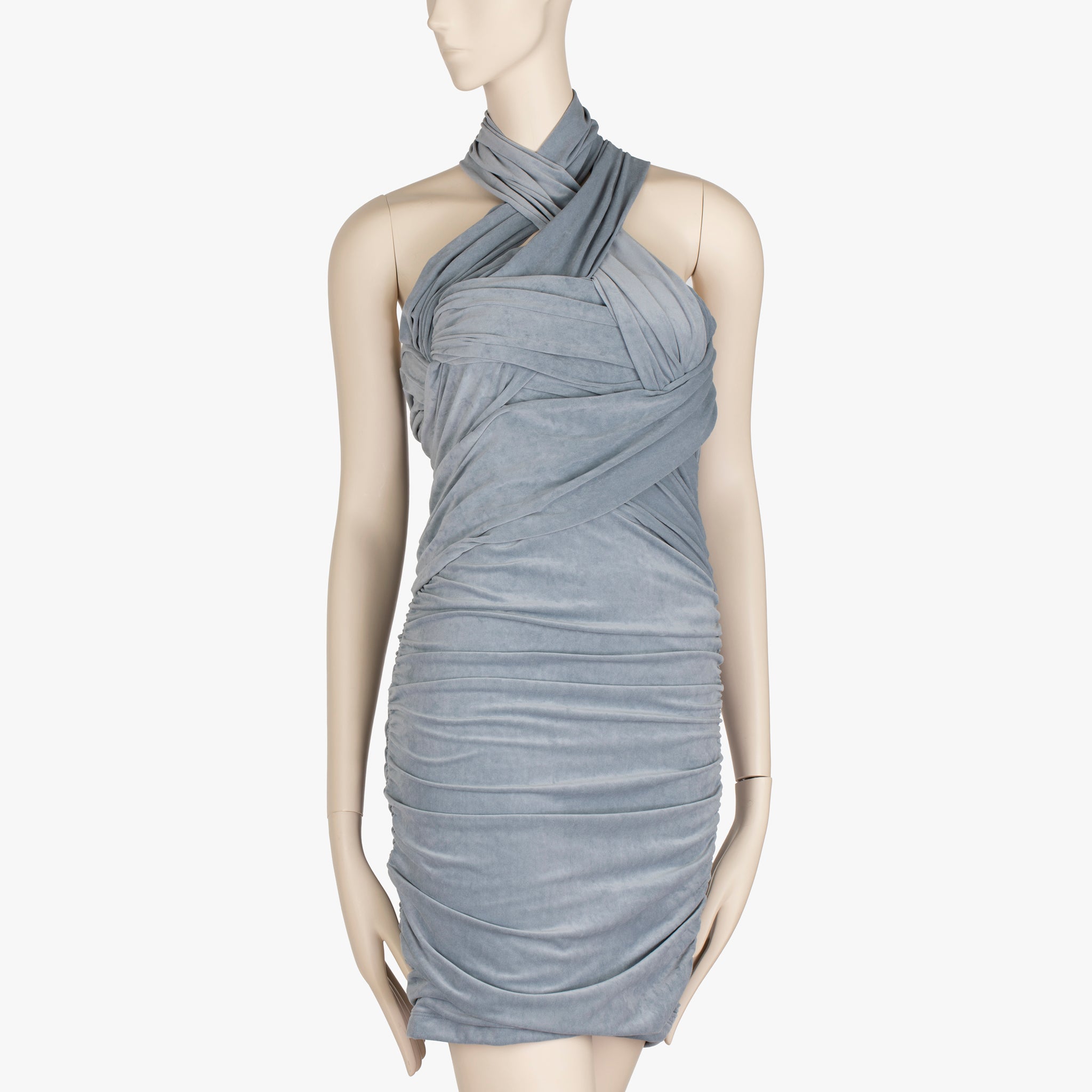 Alexander Wang Slate Blue Crossover Draping, Ruched Jersey Halter Mini Dress