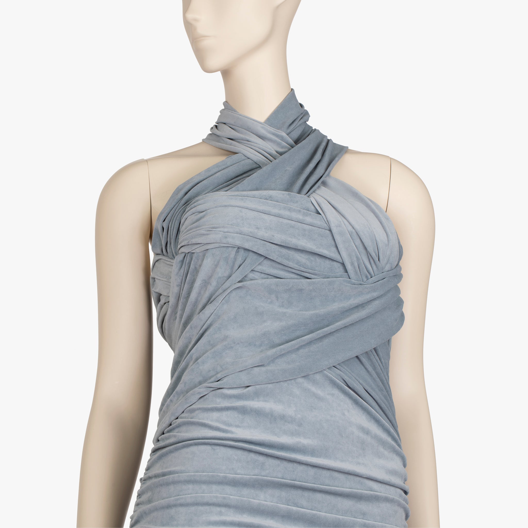 Alexander Wang Slate Blue Crossover Draping, Ruched Jersey Halter Mini Dress