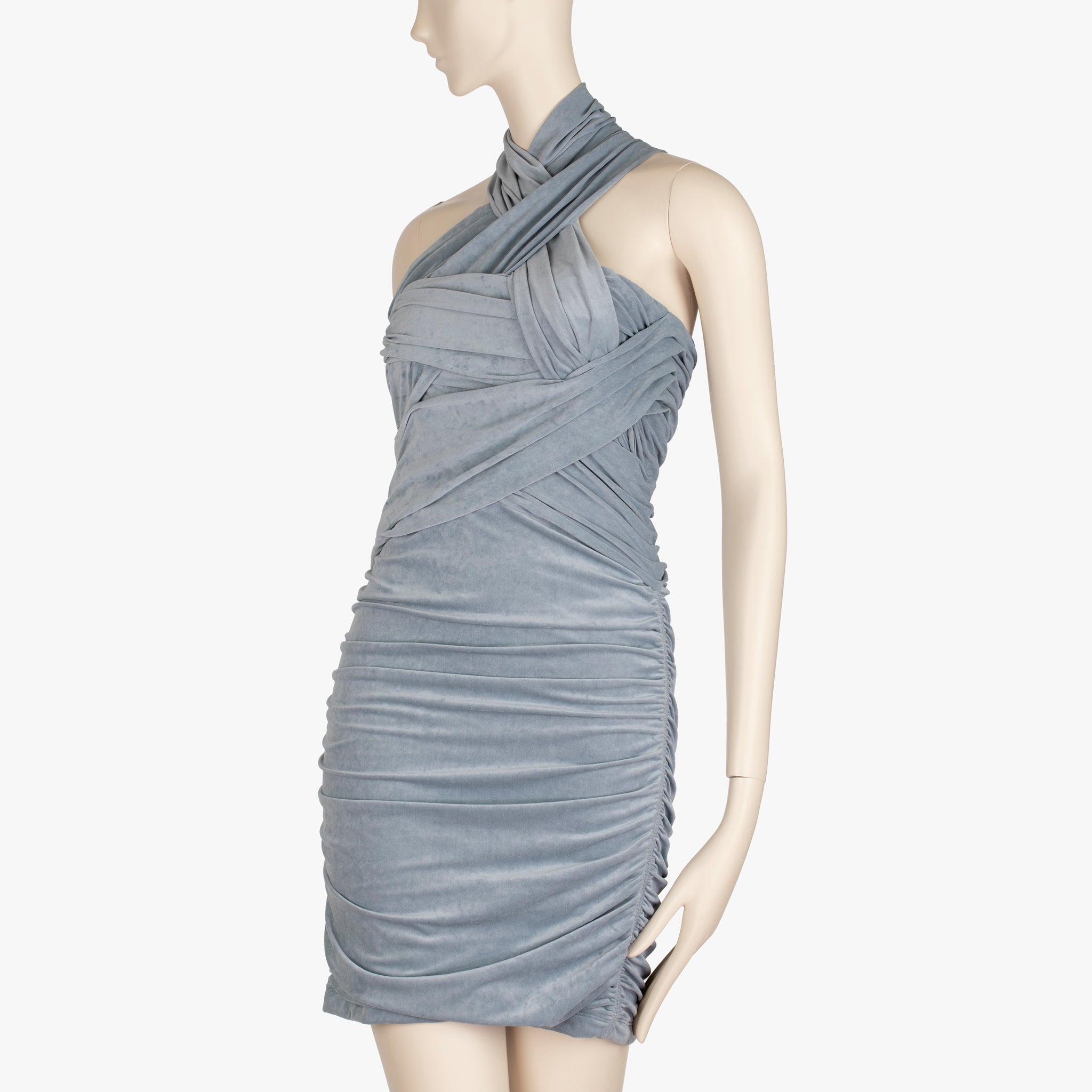 Alexander Wang Slate Blue Crossover Draping, Ruched Jersey Halter Mini Dress