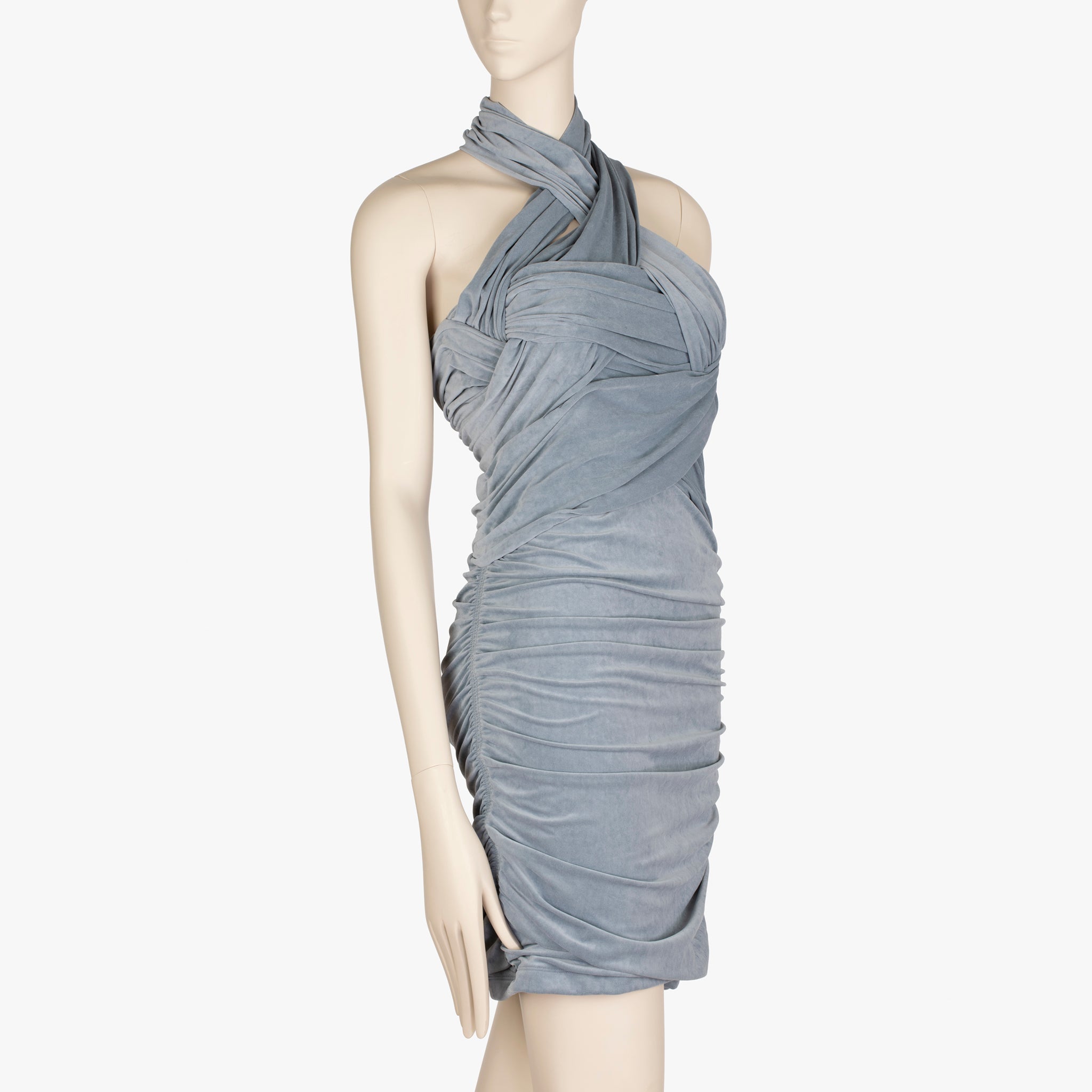 Alexander Wang Slate Blue Crossover Draping, Ruched Jersey Halter Mini Dress