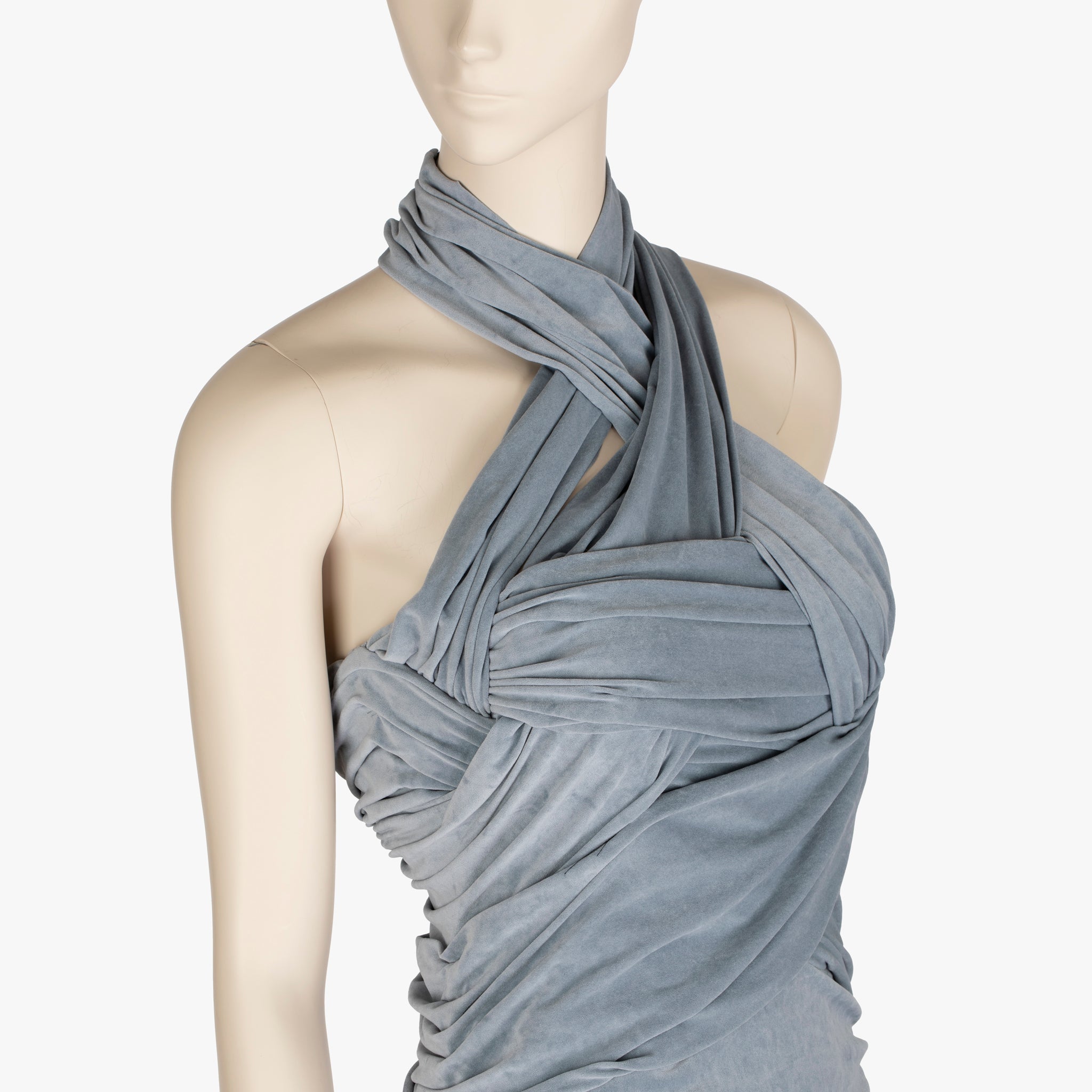 Alexander Wang Slate Blue Crossover Draping, Ruched Jersey Halter Mini Dress