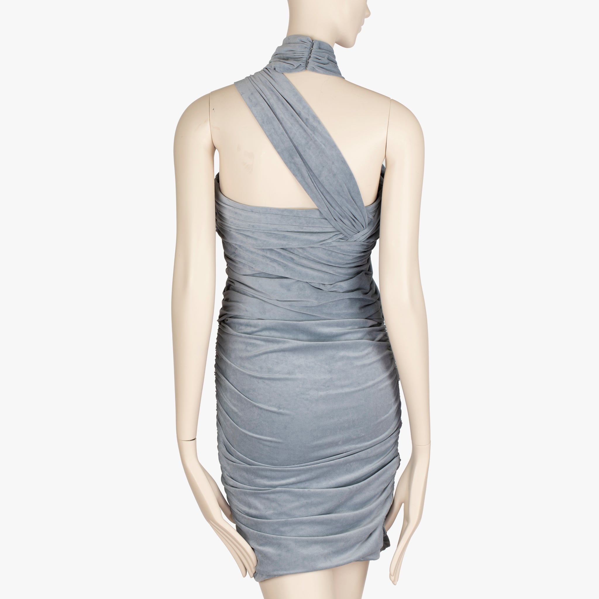 Alexander Wang Slate Blue Crossover Draping, Ruched Jersey Halter Mini Dress