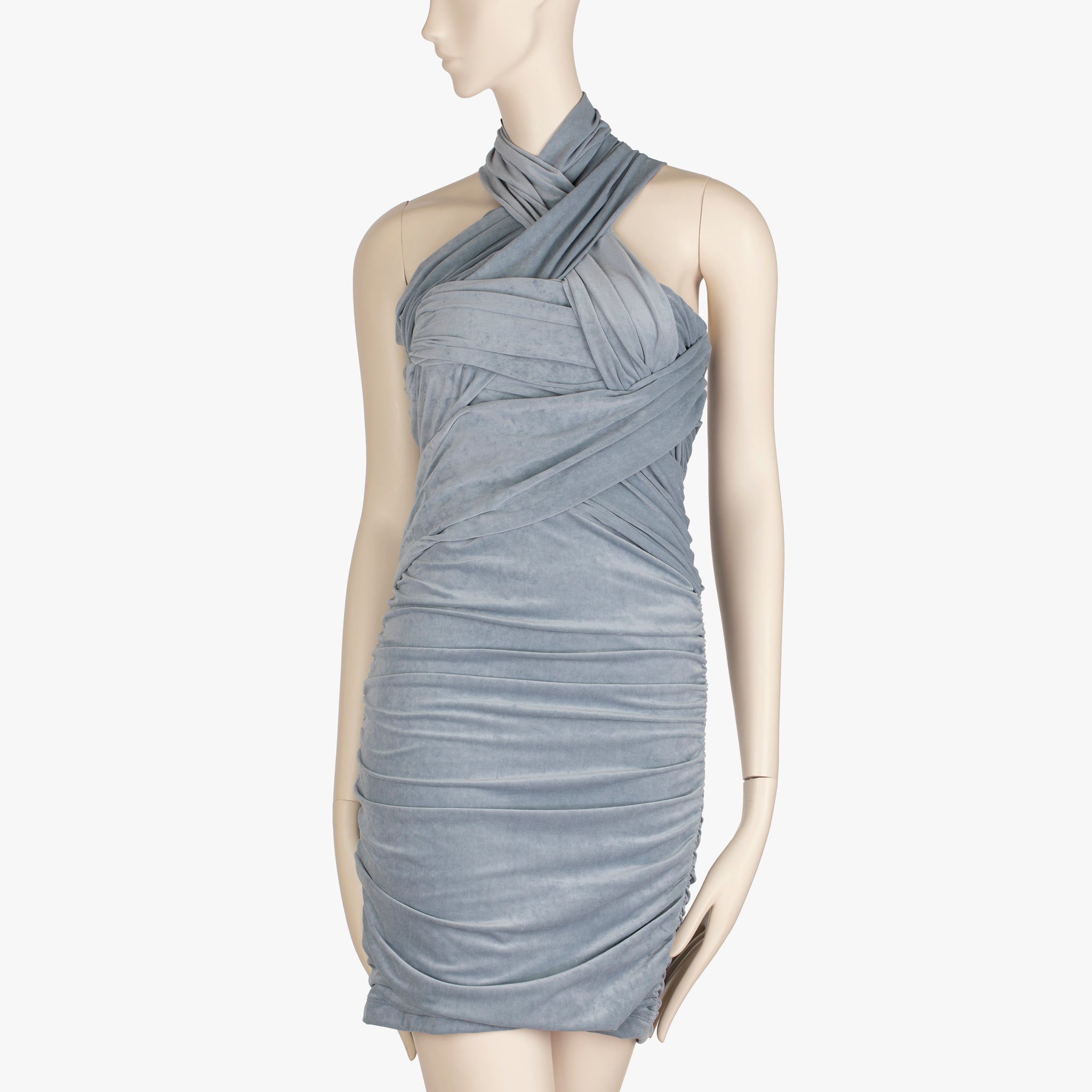 Alexander Wang Slate Blue Crossover Draping, Ruched Jersey Halter Mini Dress
