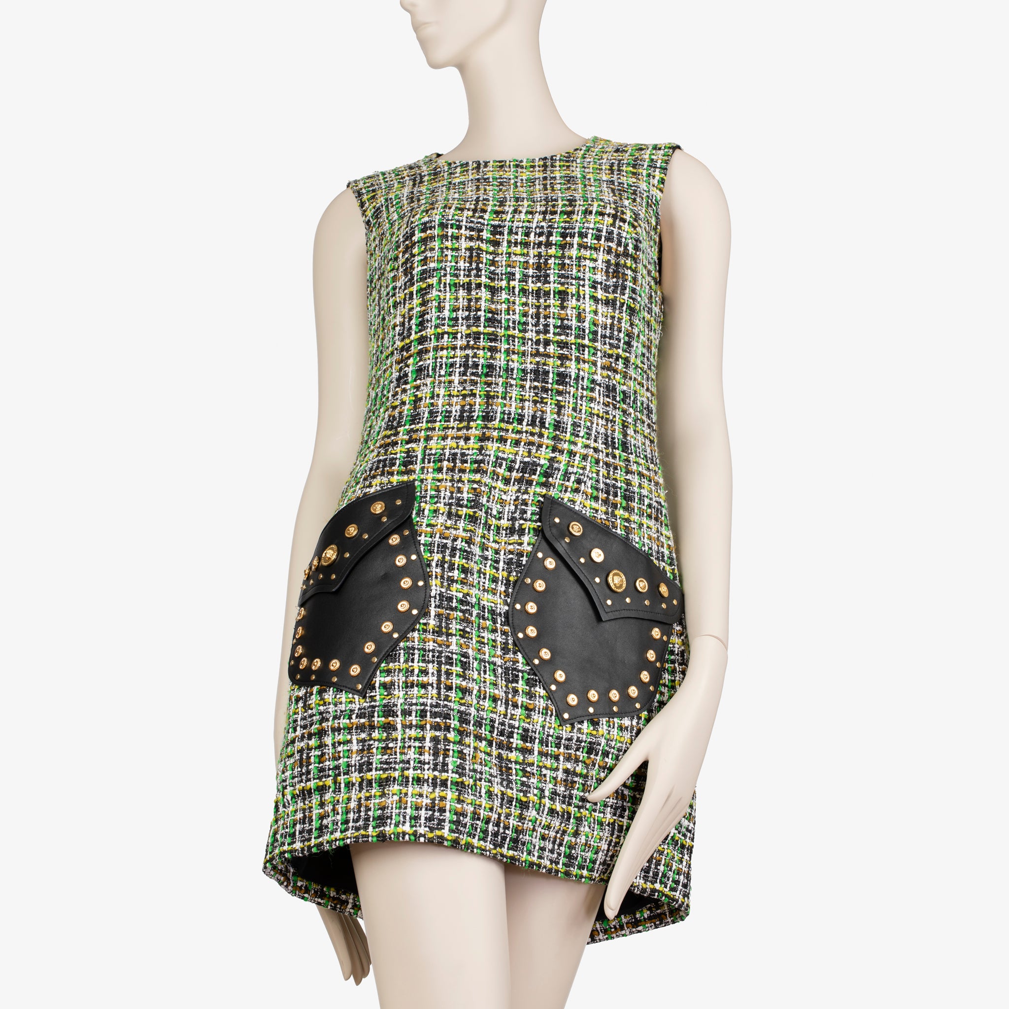 Versace Tweed Mini Dress with Leather Studded Pockets – Size 40 IT