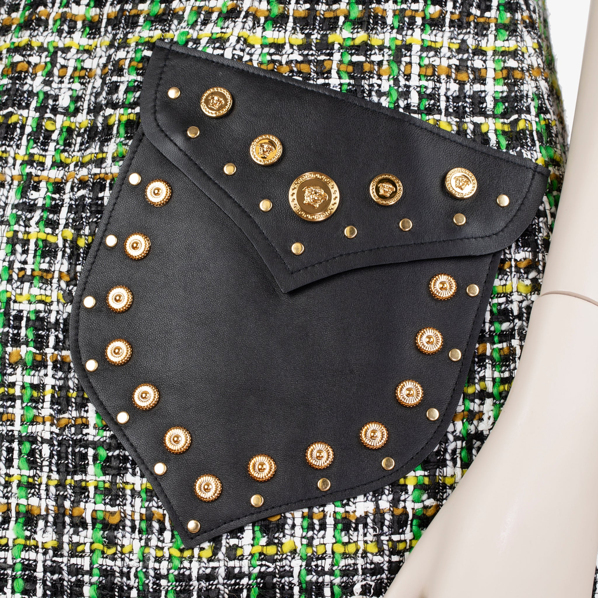 Versace Tweed Mini Dress with Leather Studded Pockets – Size 40 IT
