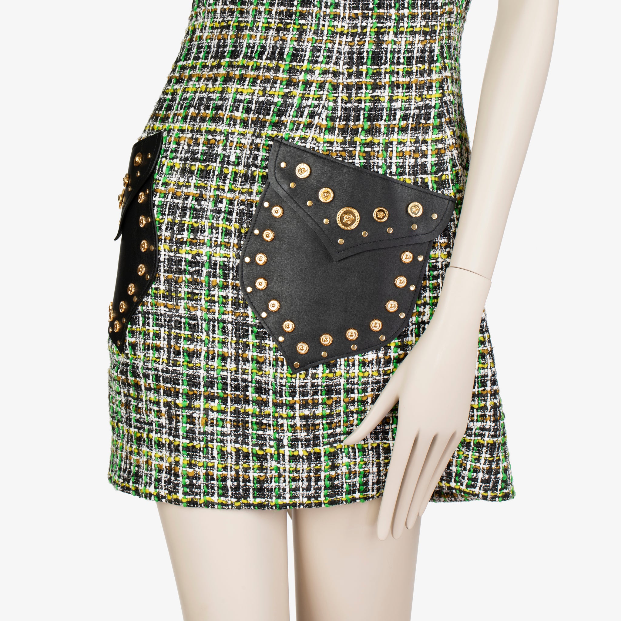Versace Tweed Mini Dress with Leather Studded Pockets – Size 40 IT